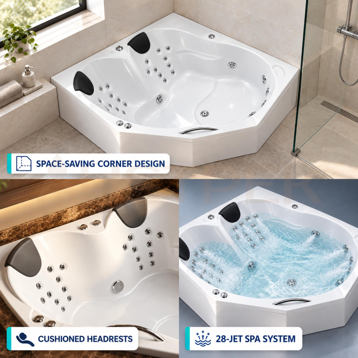 BROADWAY KARMEN CORNER SPA BATHUB WHITE 1400MM WITH 28-JETS