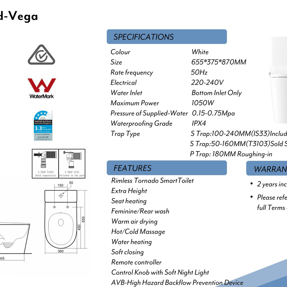 LAFEME CATANIA STANDARD VEGA RIMLESS BACK TO WALL TORNADO SMART TOILET WHITE