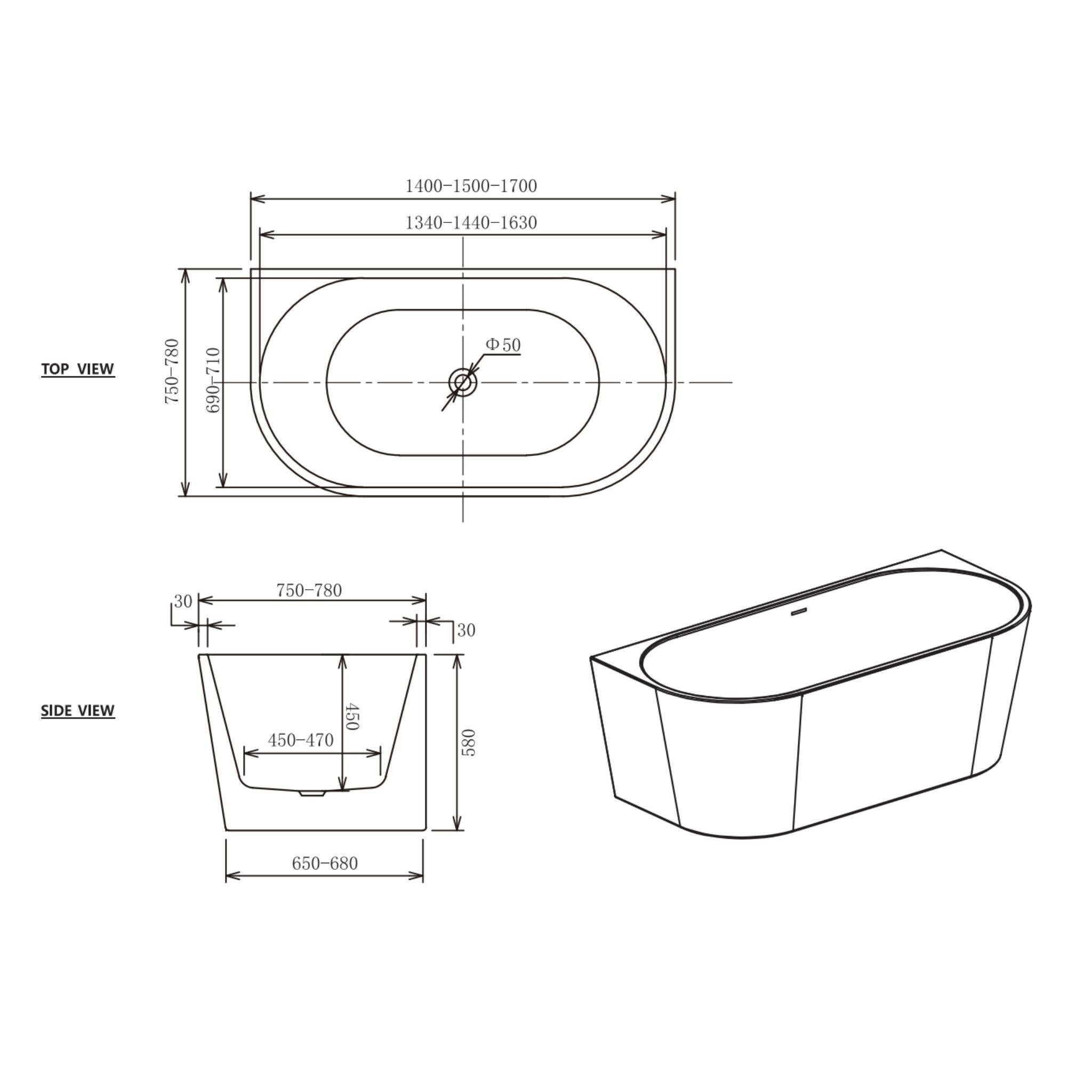 ZUMI MILA FREESTANDING BACK TO WALL BATHTUB WITH OVERFLOW GLOSS WHITE (AVAILABLE IN 1400MM, 1500MM AND 1700MM)