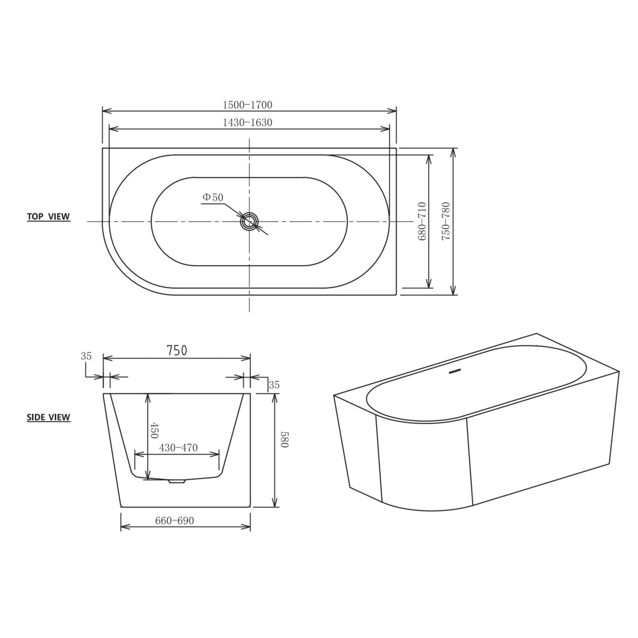 ZUMI MILA FREESTANDING RIGHT CORNER BATHTUB WITH OVERFLOW GLOSS WHITE (AVAILABLE IN 1500MM AND 1700MM)