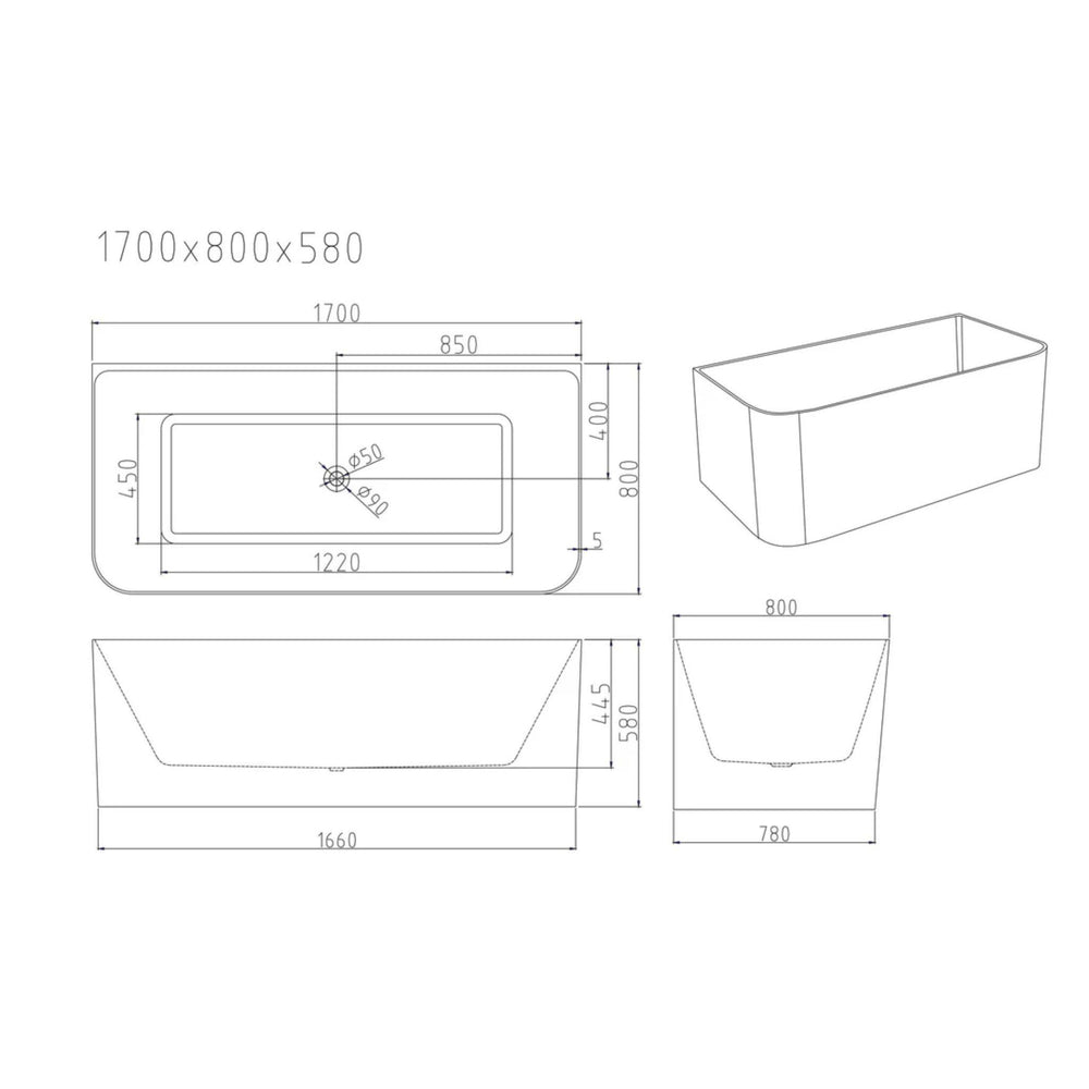 MERCIO BULLION ULTRA THIN BACK TO WALL BATHTUB GLOSS WHITE (AVAILABLE IN 1500MM AND 1700MM)