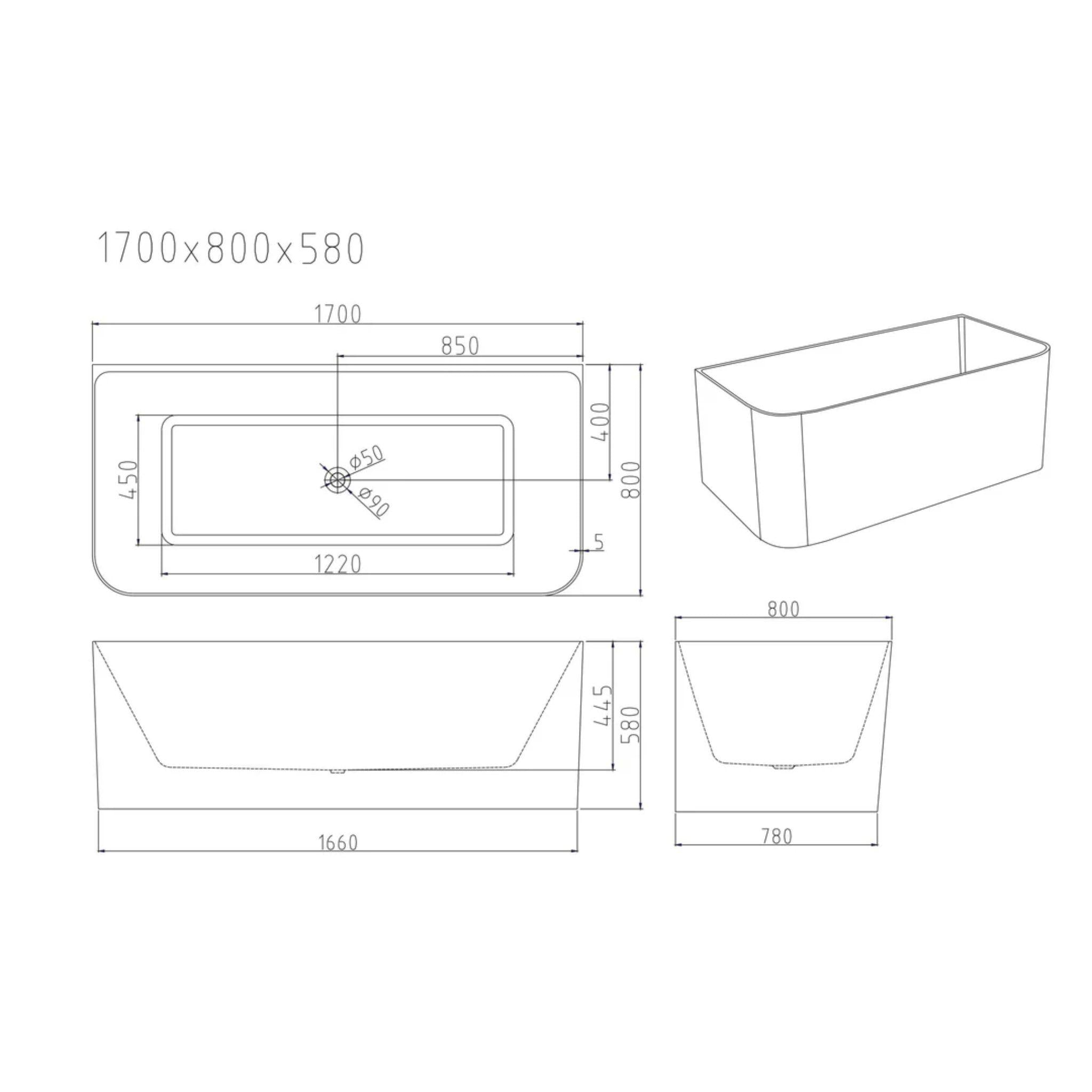 MERCIO BULLION ULTRA THIN BACK TO WALL BATHTUB GLOSS WHITE (AVAILABLE IN 1500MM AND 1700MM)