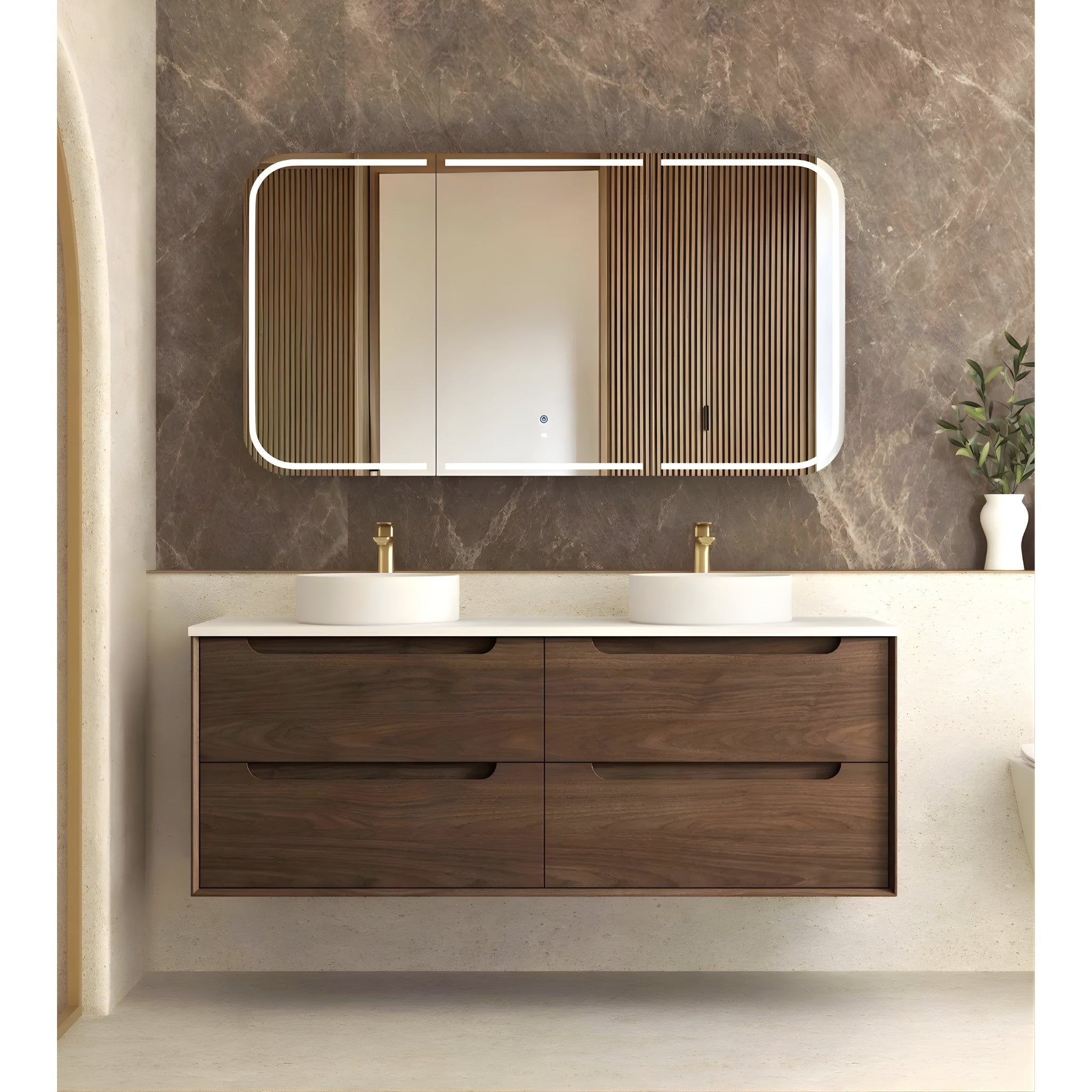 OTTI BYRON SABLE WALNUT 1500MM DOUBLE BOWL WALL HUNG VANITY