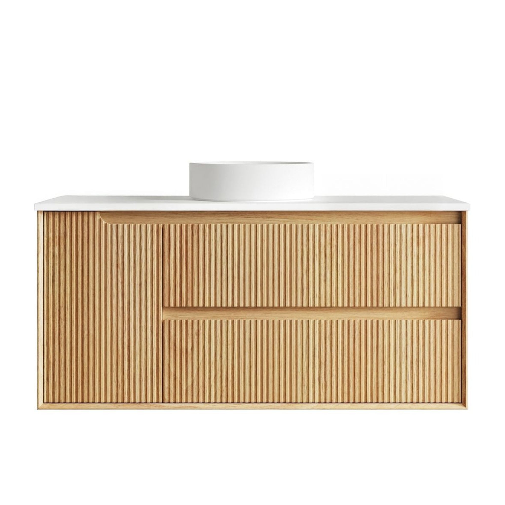 OTTI BYRON WOODLAND OAK FLUTED 1200MM SINGLE BOWL WALL HUNG VANITY