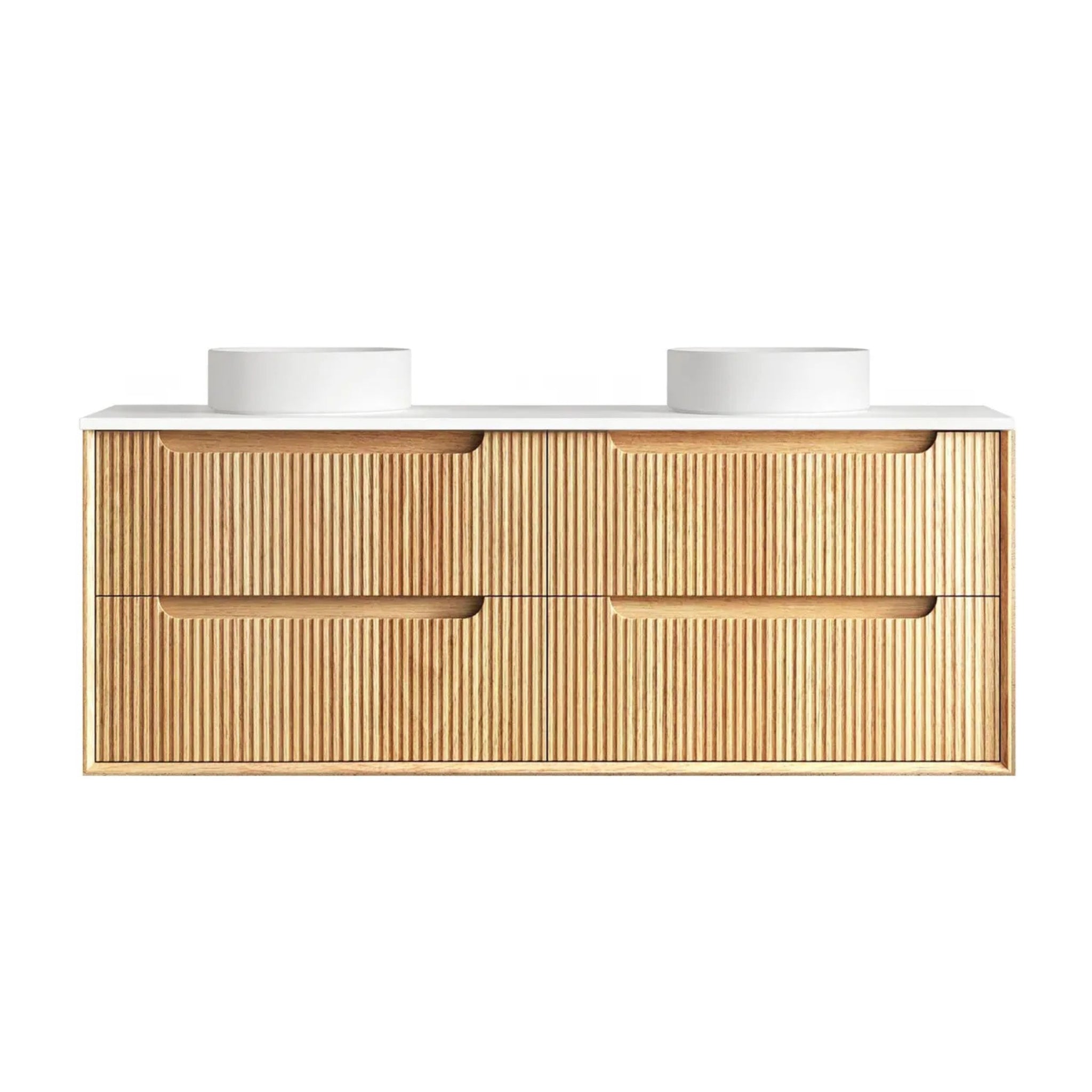 OTTI BYRON WOODLAND OAK FLUTED 1500MM DOUBLE BOWL WALL HUNG VANITY