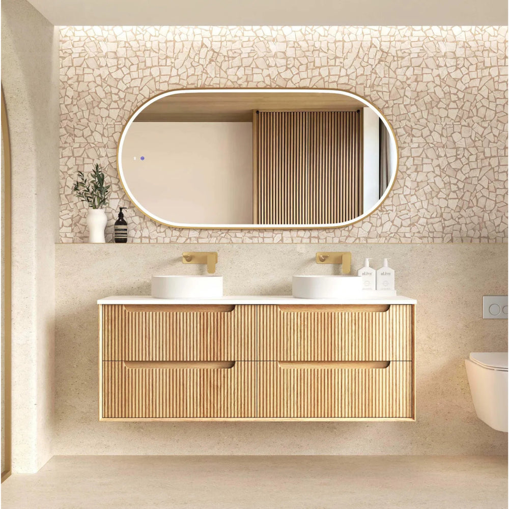 OTTI BYRON WOODLAND OAK FLUTED 1500MM DOUBLE BOWL WALL HUNG VANITY