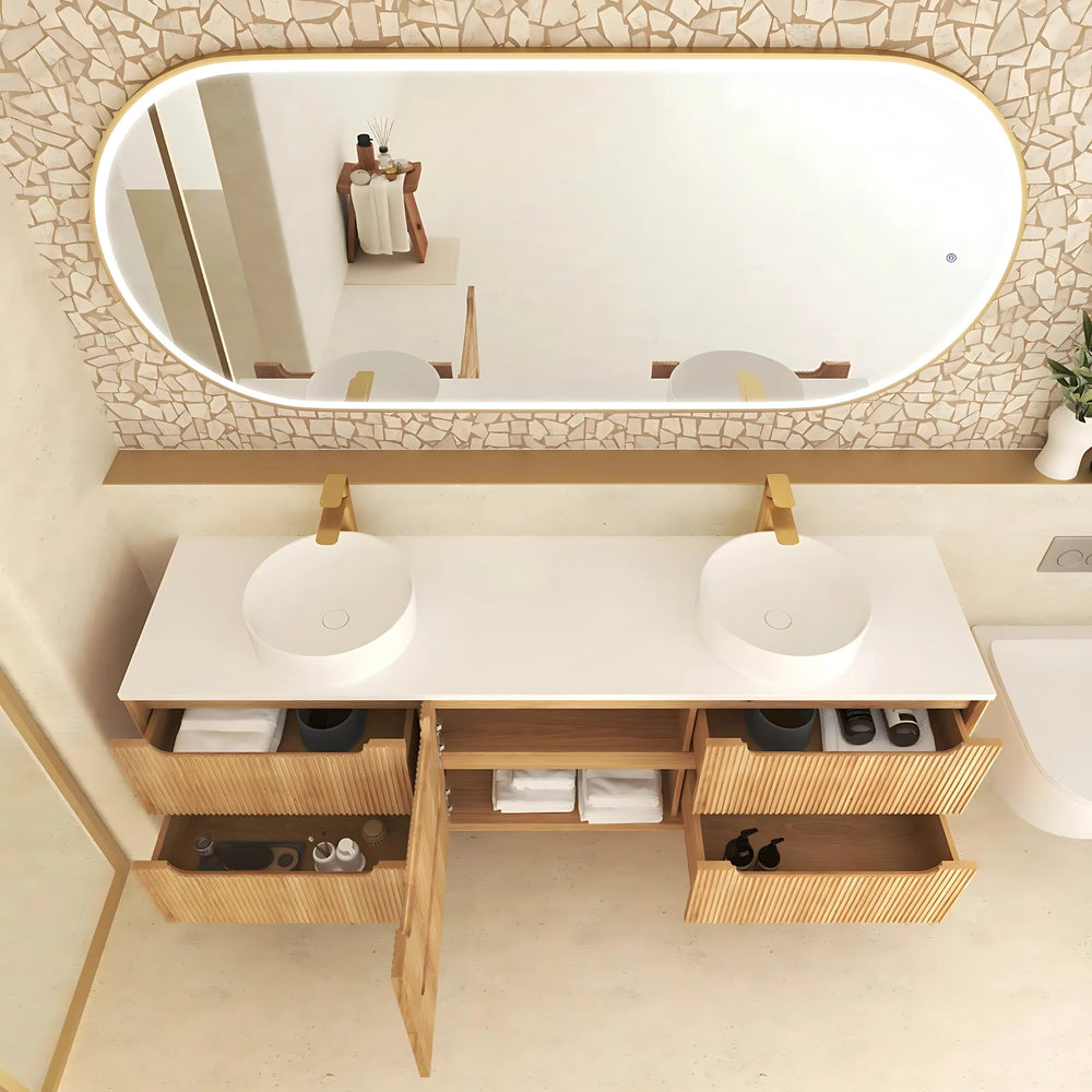 OTTI BYRON WOODLAND OAK FLUTED 1800MM DOUBLE BOWL WALL HUNG VANITY