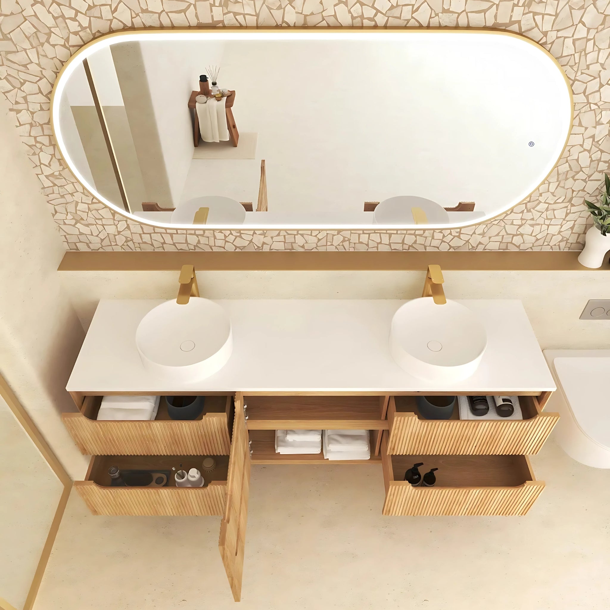 OTTI BYRON WOODLAND OAK FLUTED 1800MM DOUBLE BOWL WALL HUNG VANITY