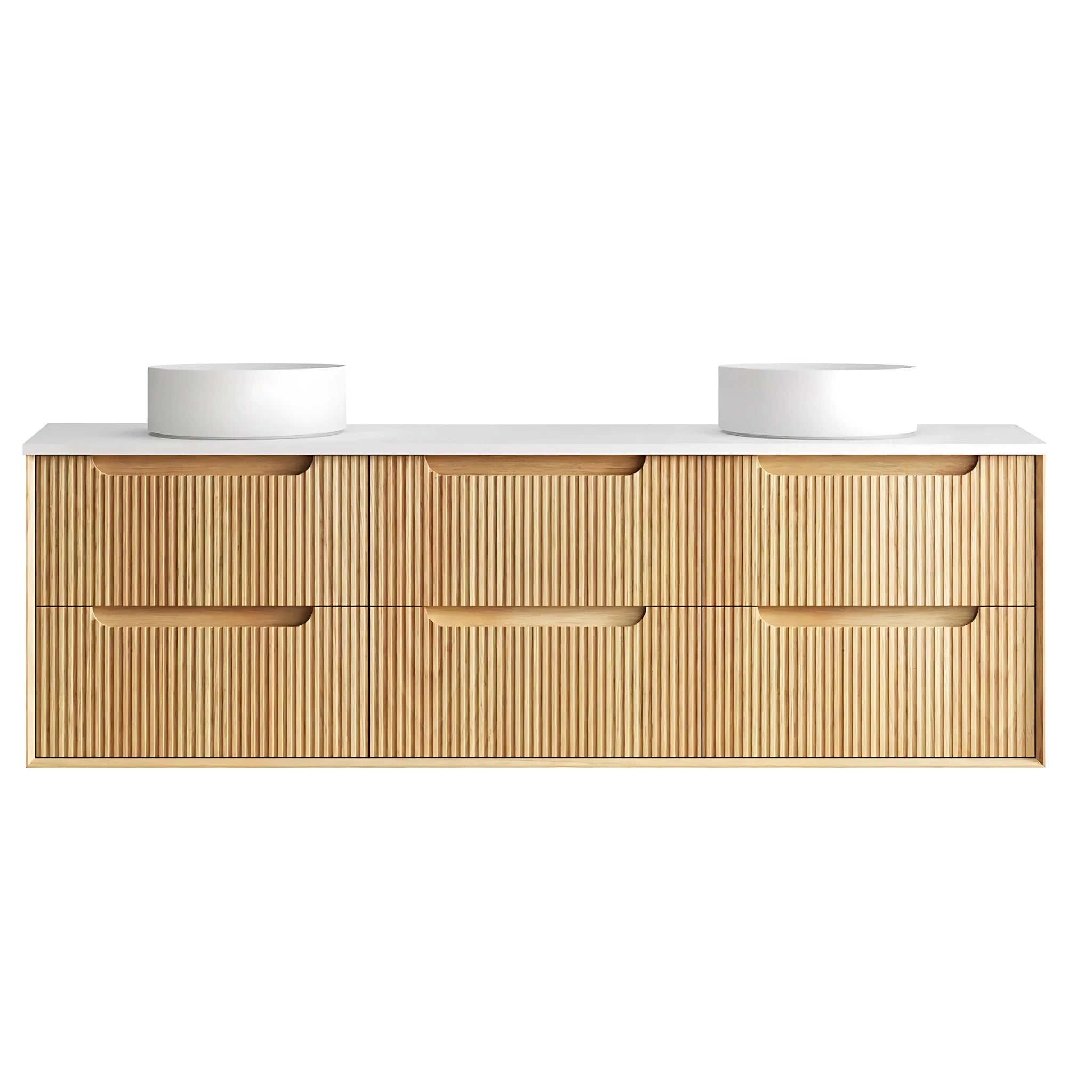 OTTI BYRON WOODLAND OAK FLUTED 1800MM DOUBLE BOWL WALL HUNG VANITY