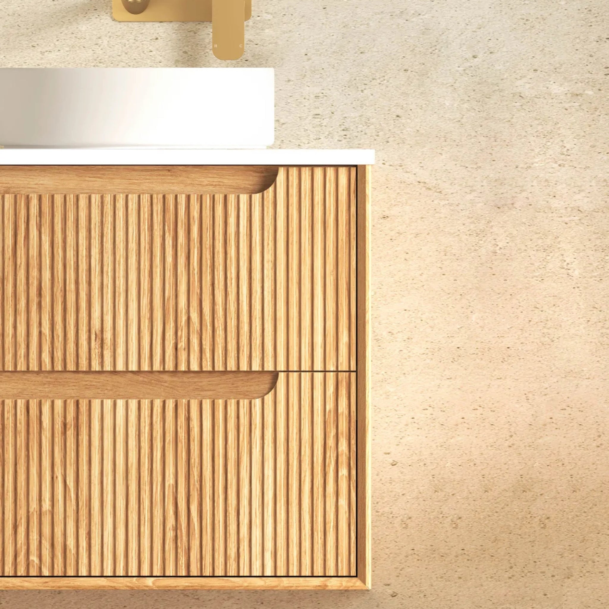 OTTI BYRON WOODLAND OAK FLUTED 600MM SINGLE BOWL WALL HUNG VANITY