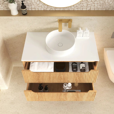 OTTI BYRON WOODLAND OAK FLUTED 900MM SINGLE BOWL WALL HUNG VANITY