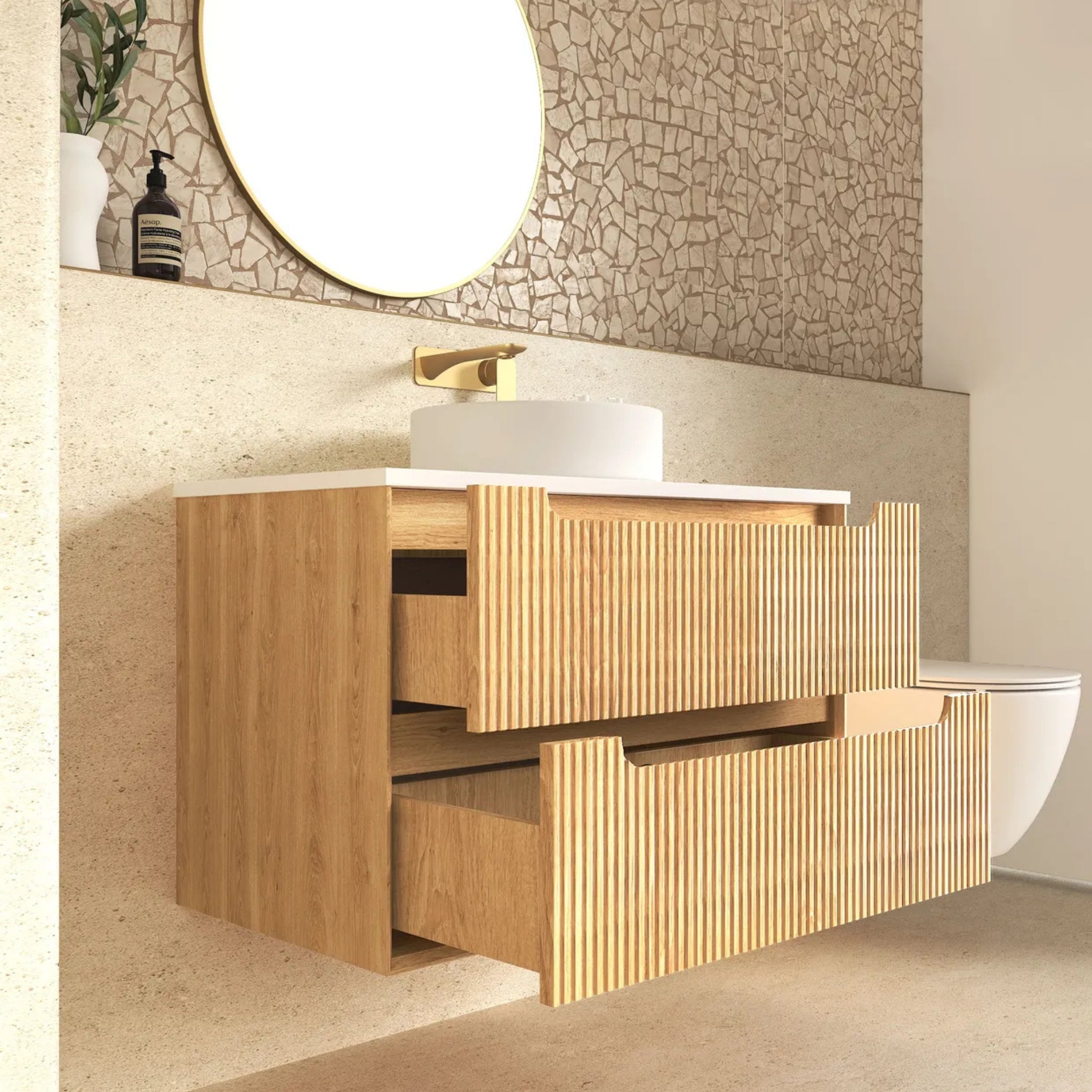 OTTI BYRON WOODLAND OAK FLUTED 900MM SINGLE BOWL WALL HUNG VANITY