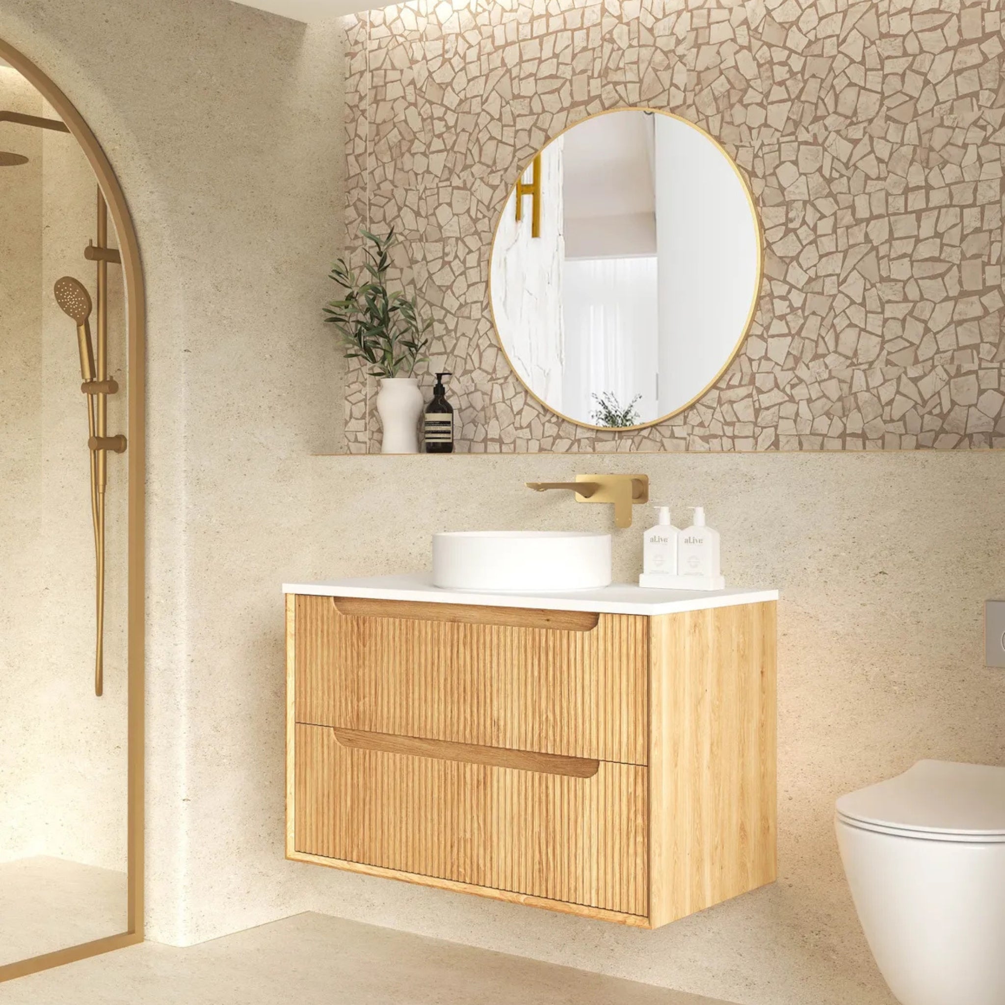 OTTI BYRON WOODLAND OAK FLUTED 900MM SINGLE BOWL WALL HUNG VANITY