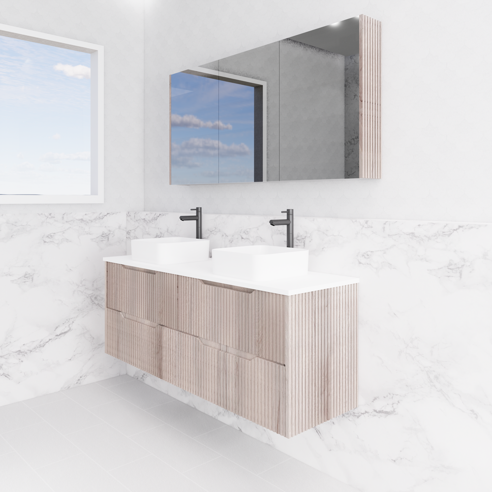 RIVA BALI WHITE OAK 1500MM DOUBLE BOWL WALL HUNG VANITY