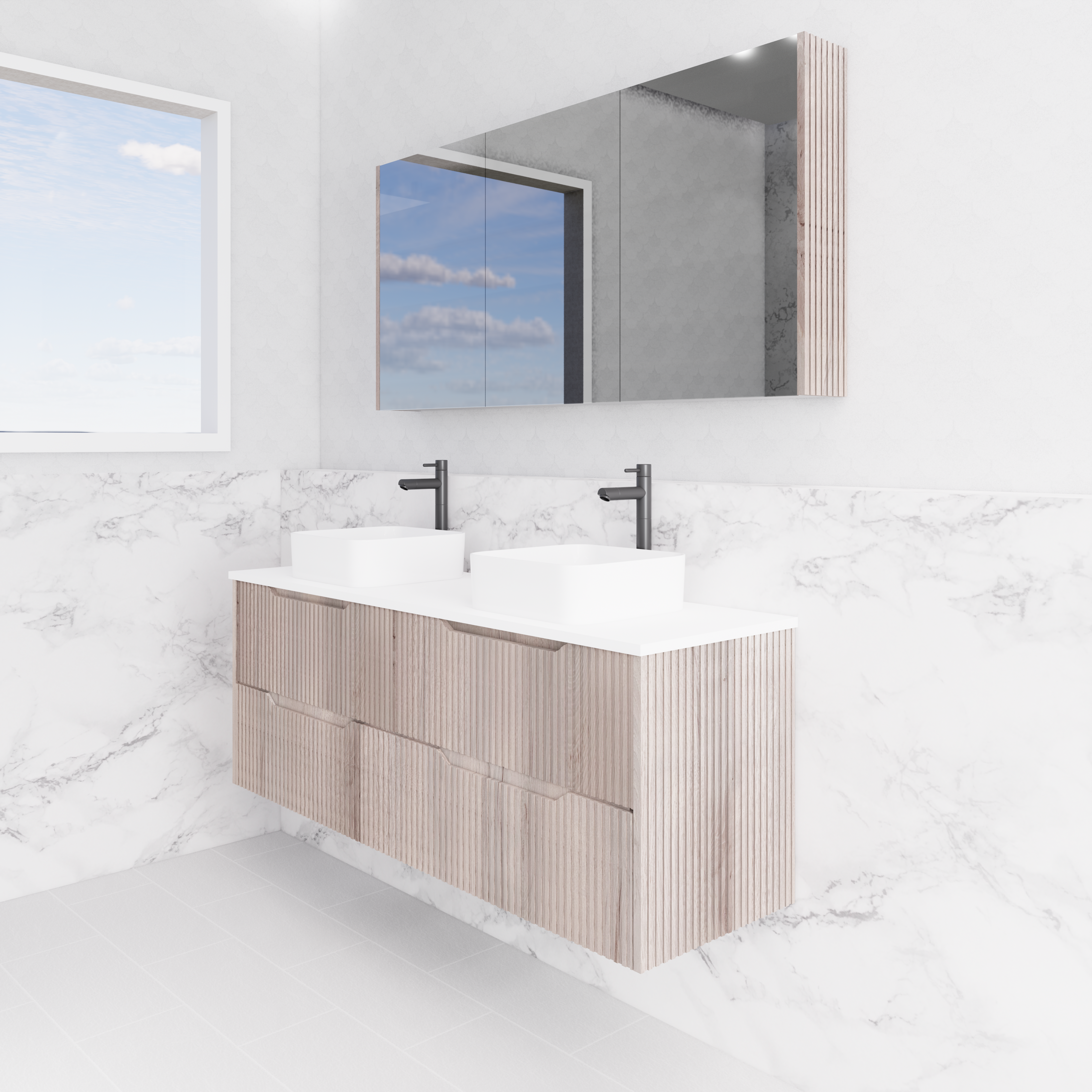RIVA BALI WHITE OAK 1500MM DOUBLE BOWL WALL HUNG VANITY