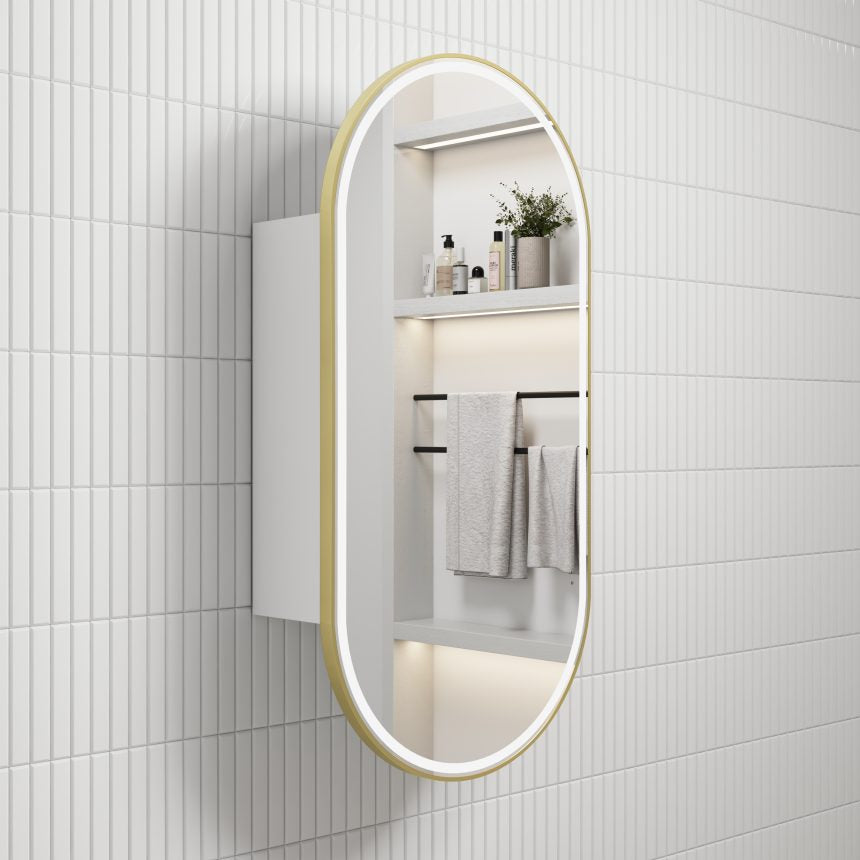 AULIC BEAU MONDE BRUSHED GOLD FRAMED MATTE WHITE LED SHAVING CABINET 450X900MM