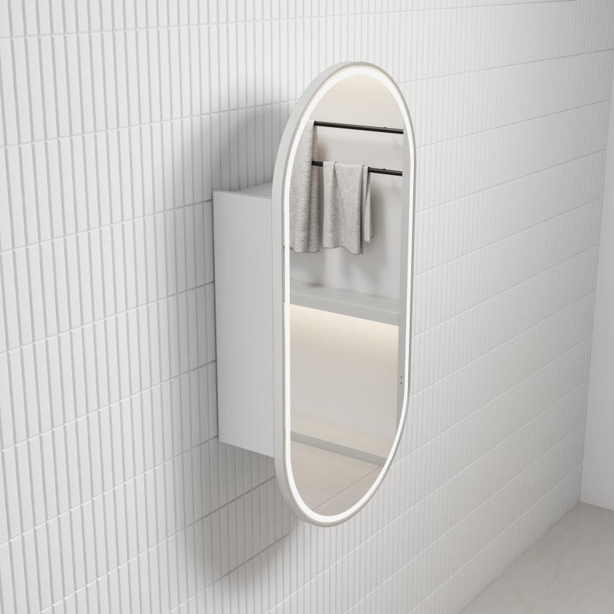 AULIC BEAU MONDE BRUSHED NICKEL FRAMED MATTE WHITE LED SHAVING CABINET 450X900MM
