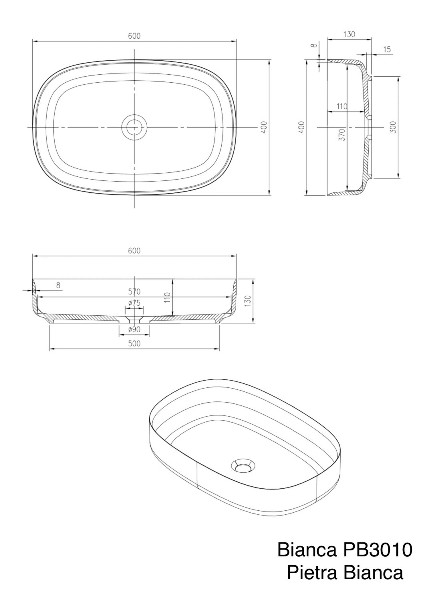 PIETRA BIANCA BIANCA ABOVE COUNTER STONE BASIN WITH CUSTOM COLOURS 600MM
