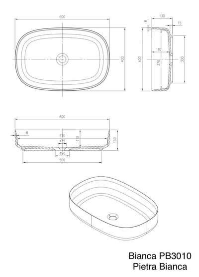 PIETRA BIANCA BIANCA ABOVE COUNTER STONE BASIN WITH CUSTOM COLOURS 600MM
