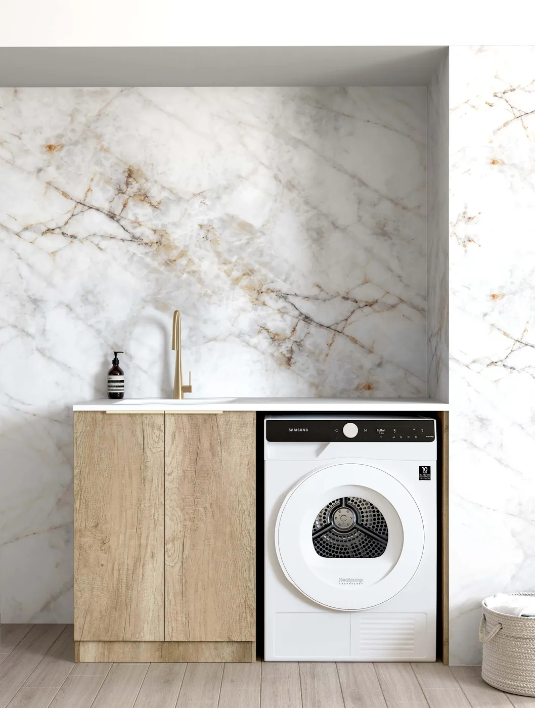 OTTI BYRON NATURAL OAK 1300MM BASE LAUNDRY CABINET WITH STONE TOP & SINK