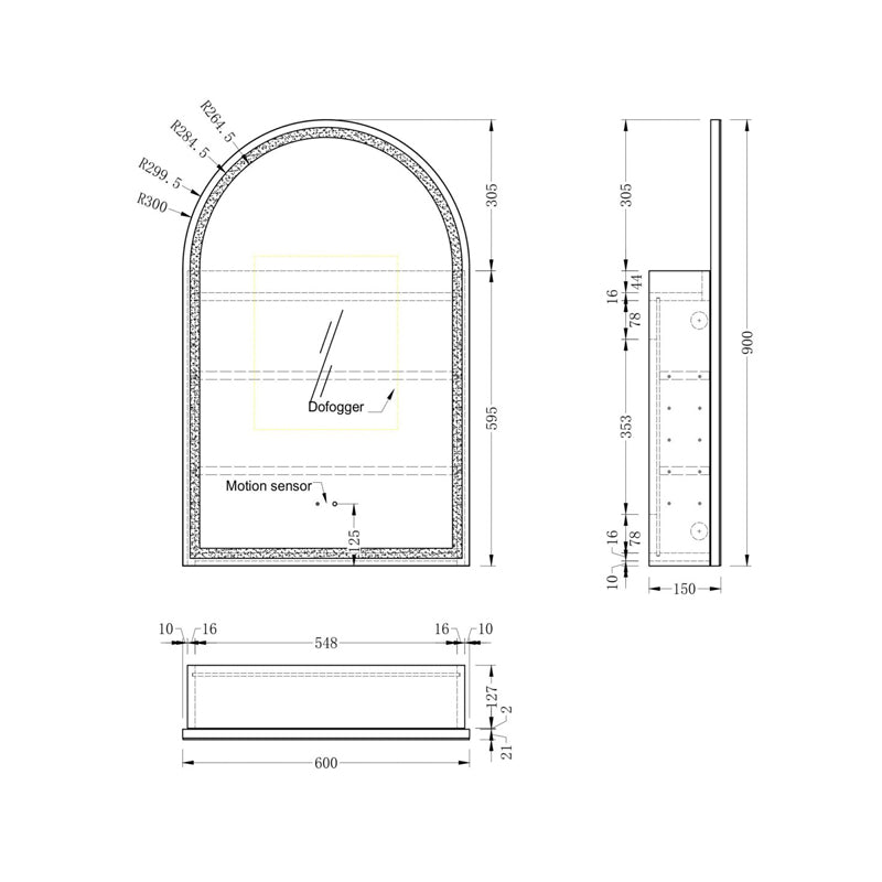 AQUAPERLA CARYSIL IMPERIAL MATTE WHITE ARCH LED SHAVING CABINET 600X900MM