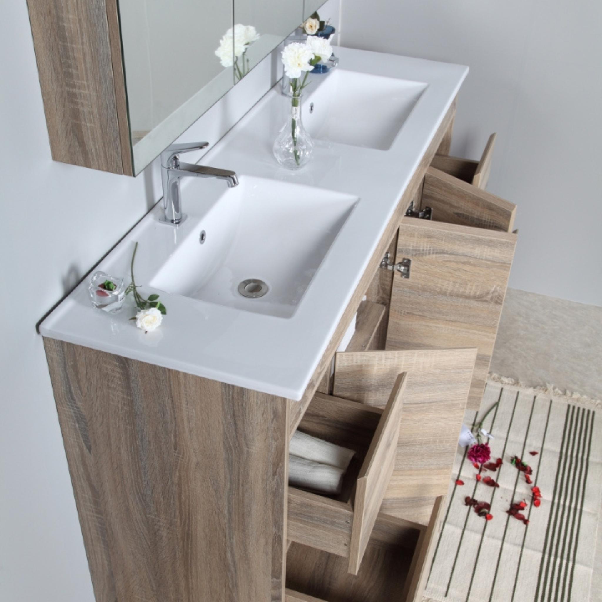 AULIC GRACE WHITE OAK 1500MM DOUBLE BOWL FLOOR STANDING VANITY