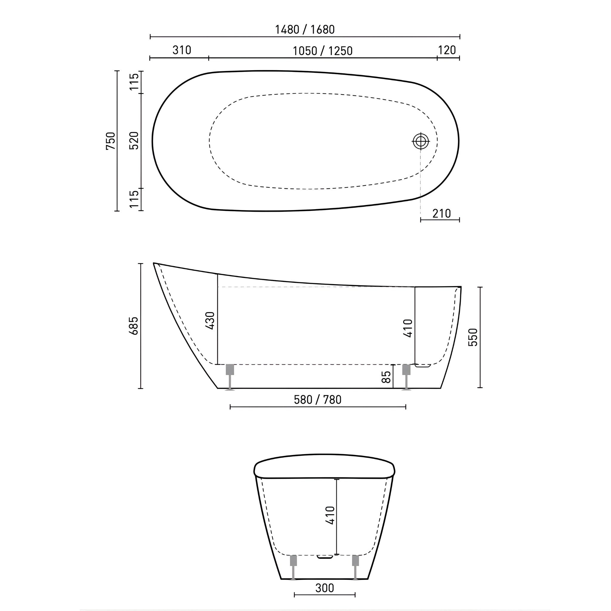 DECINA CAVAL FREESTANDING BATH WITH INTEGRATED OVERFLOW GLOSS WHITE (AVAILABLE IN 1480MM AND 1680MM)