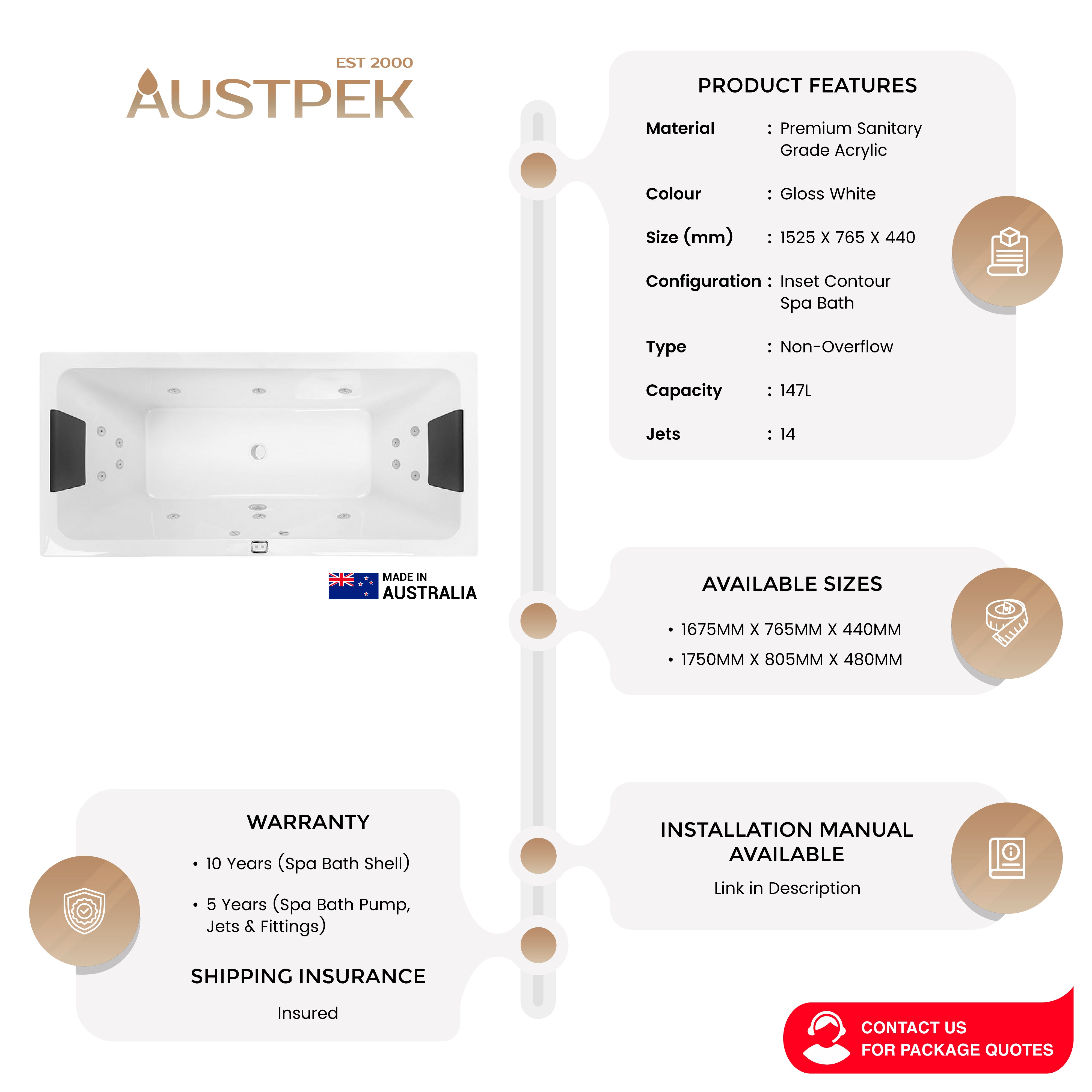 DECINA CARINA INSET CONTOUR SPA BATH GLOSS WHITE (AVAILABLE IN 1525MM, 1675MM AND 1750MM) WITH 14-JETS