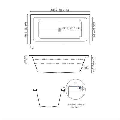 DECINA CARINA INSET SANTAI SPA BATH GLOSS WHITE (AVAILABLE IN 1525MM, 1675MM AND 1750MM) WITH 12-JETS