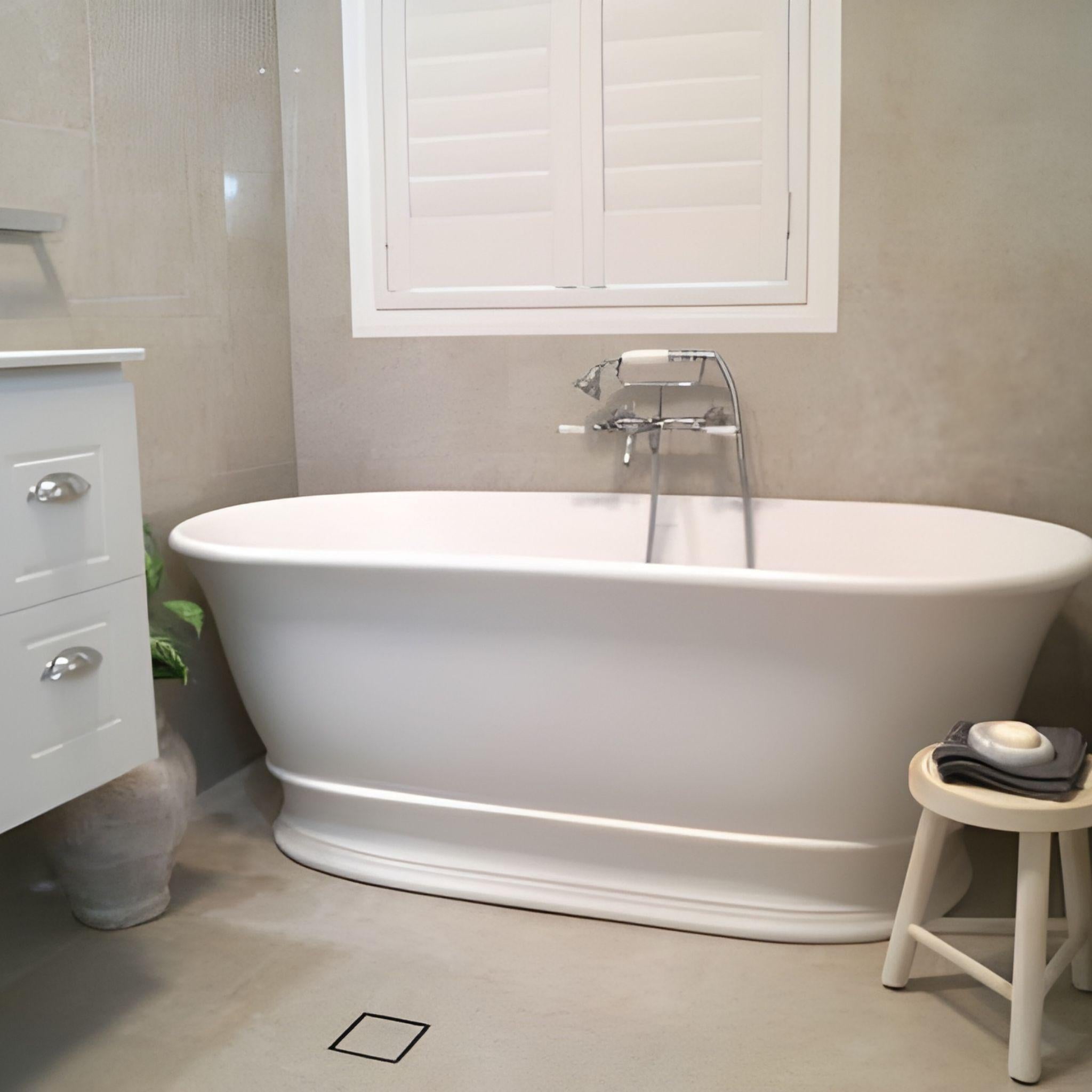 TURNER HASTINGS CAMBRIDGE TITANCAST SOLID SURFACE FREESTANDING BATHTUB SATIN SILK WHITE WITH OVERFLOW (AVAILABLE IN 1555MM & 17400MM)