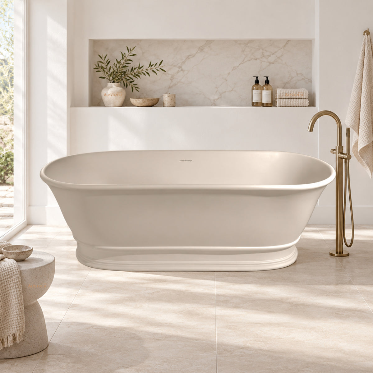 TURNER HASTINGS CAMBRIDGE TITANCAST FREESTANDING OVERFLOW BATHTUB NATURAL LINEN (AVAILABLE IN 1560MM AND 1740MM)
