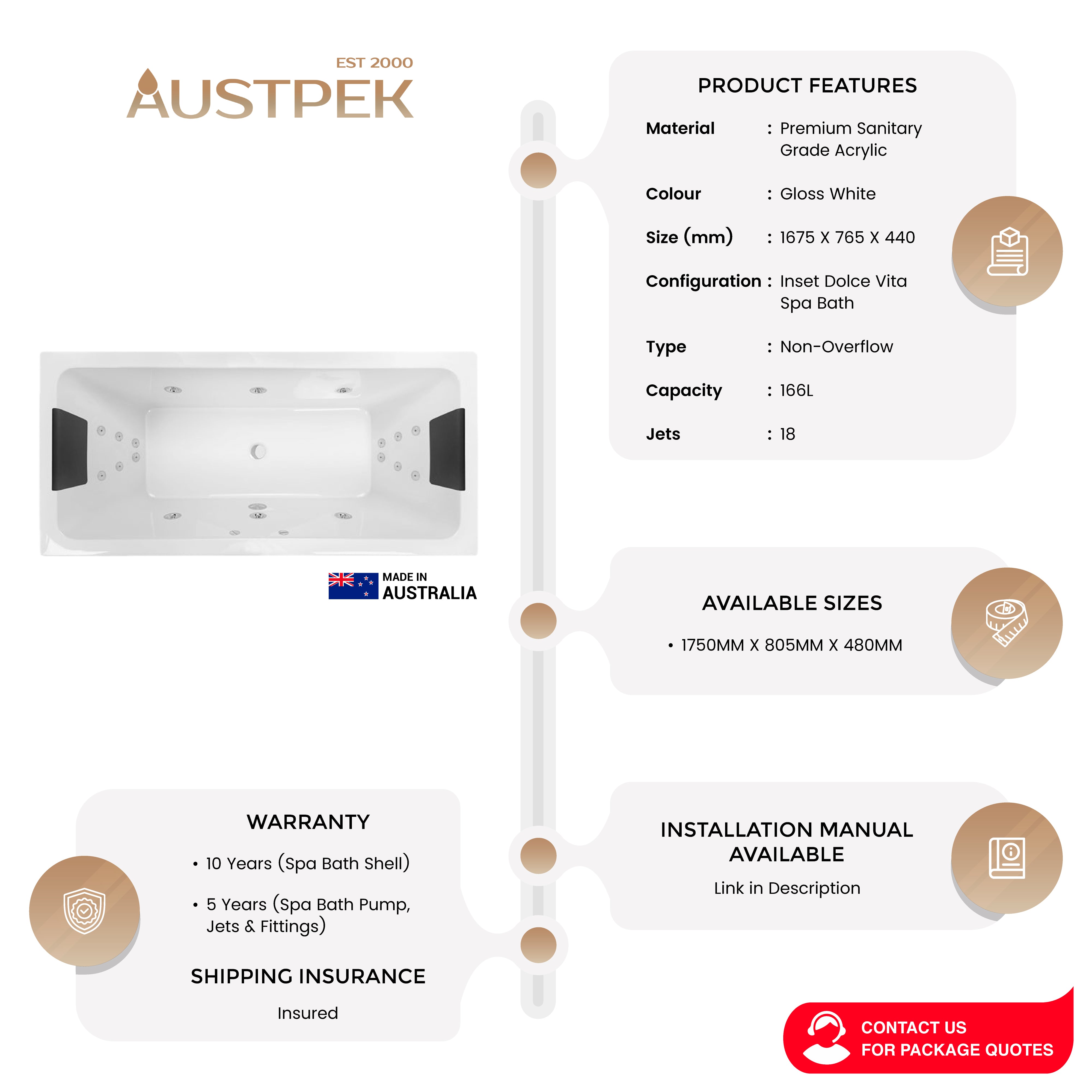 DECINA CARINA INSET DOLCE VITA SPA BATH GLOSS WHITE (AVAILABLE IN 1675MM AND 1750MM) WITH 18-JETS