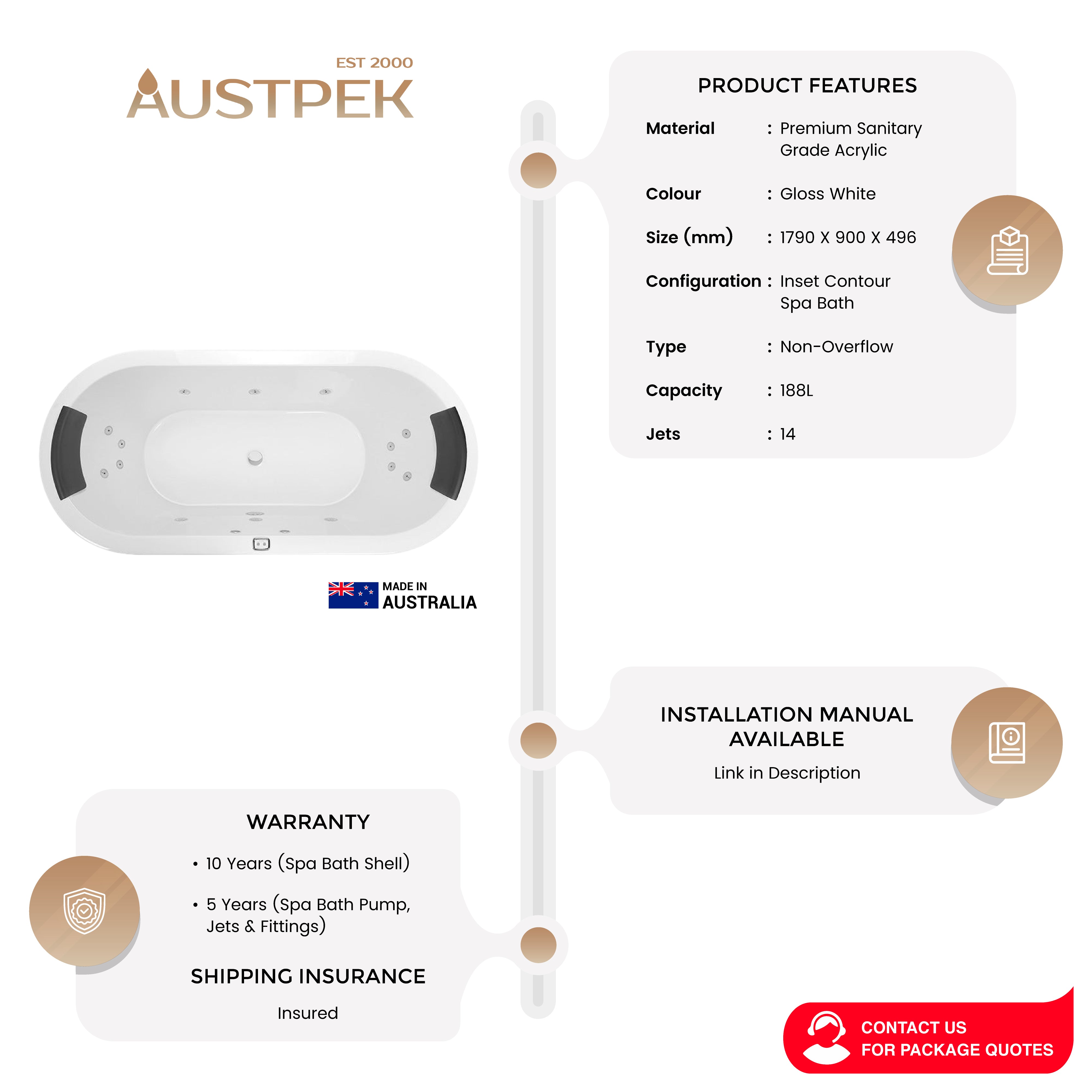 DECINA CAVAL INSET CONTOUR SPA BATH GLOSS WHITE 1790MM WITH 14-JETS