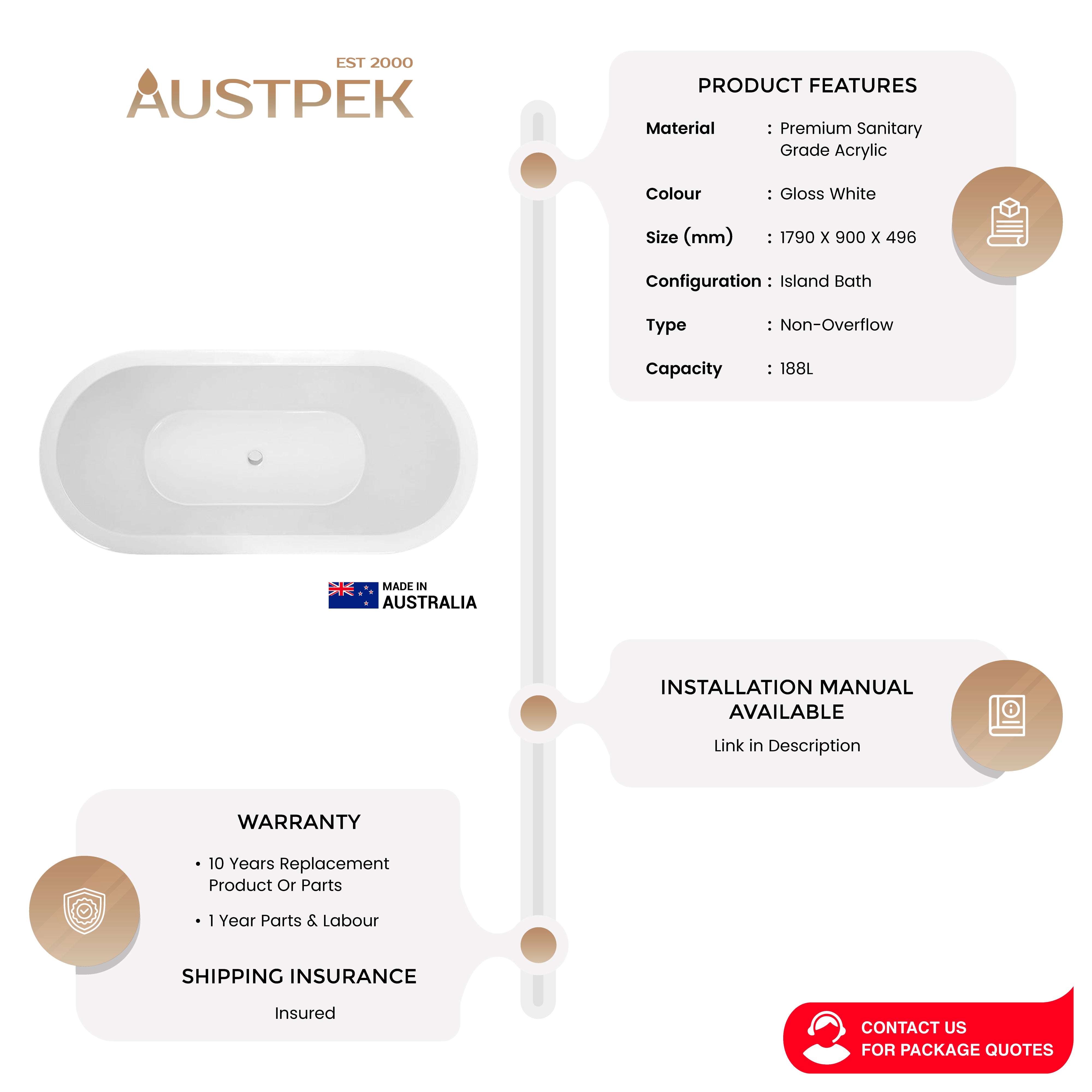 DECINA CAVAL ISLAND BATH GLOSS WHITE 1790MM