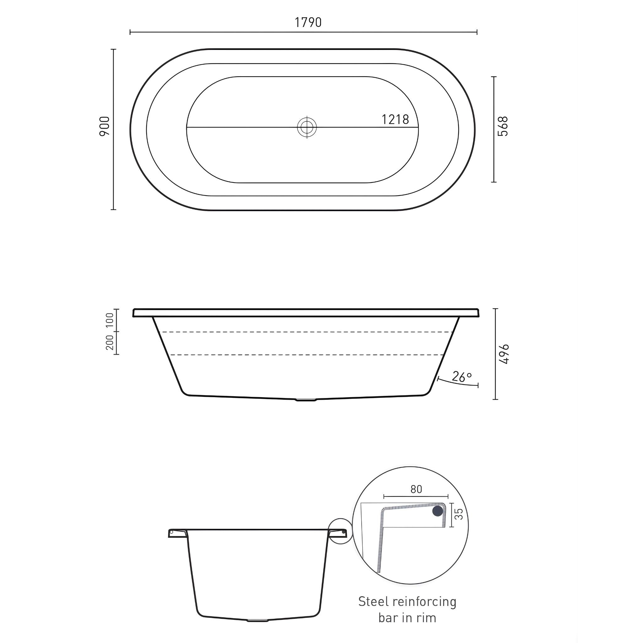 DECINA CAVAL ISLAND BATH GLOSS WHITE 1790MM