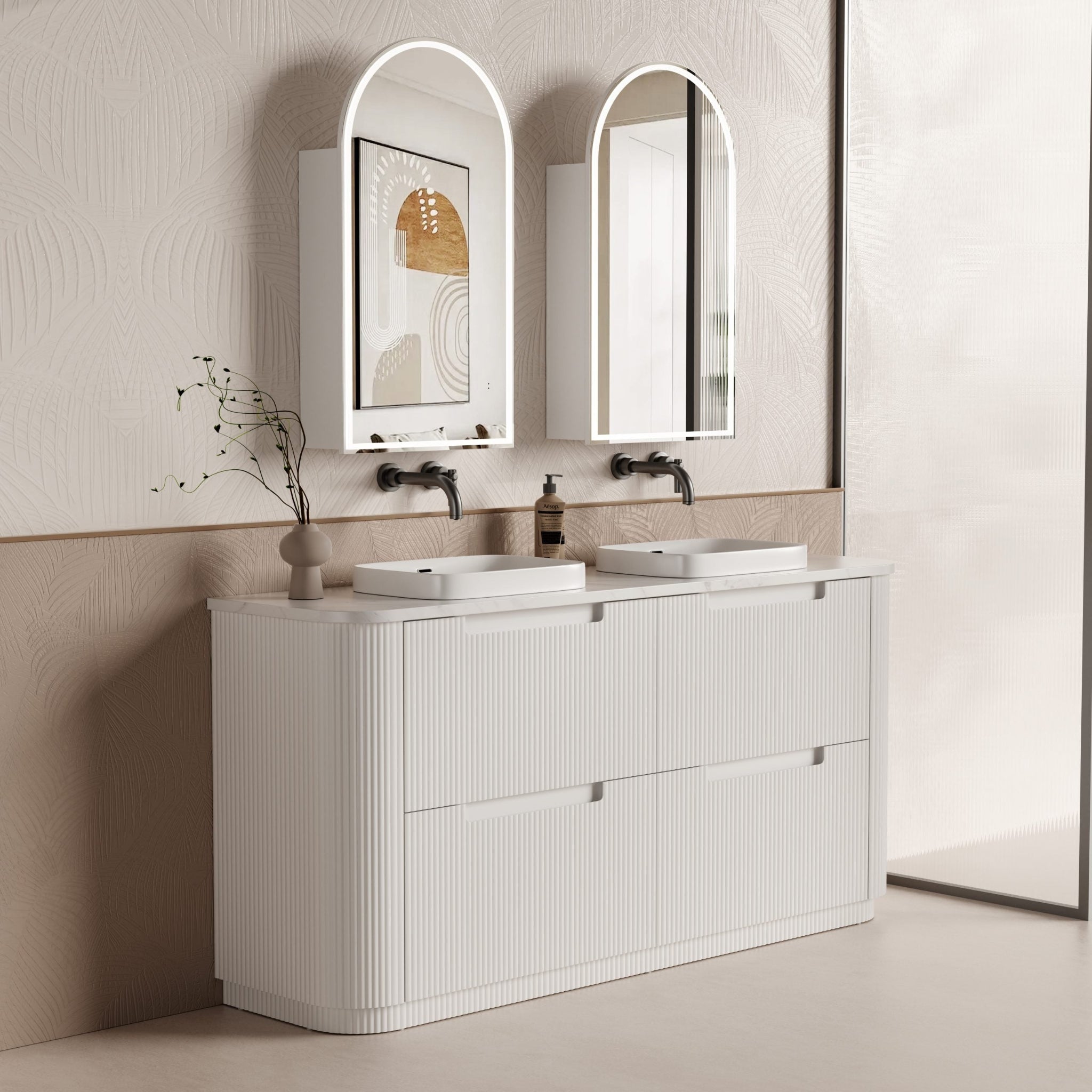 AULIC CURVA CURVED MATTE WHITE 1800MM DOUBLE BOWL FLOOR STANDING VANITY
