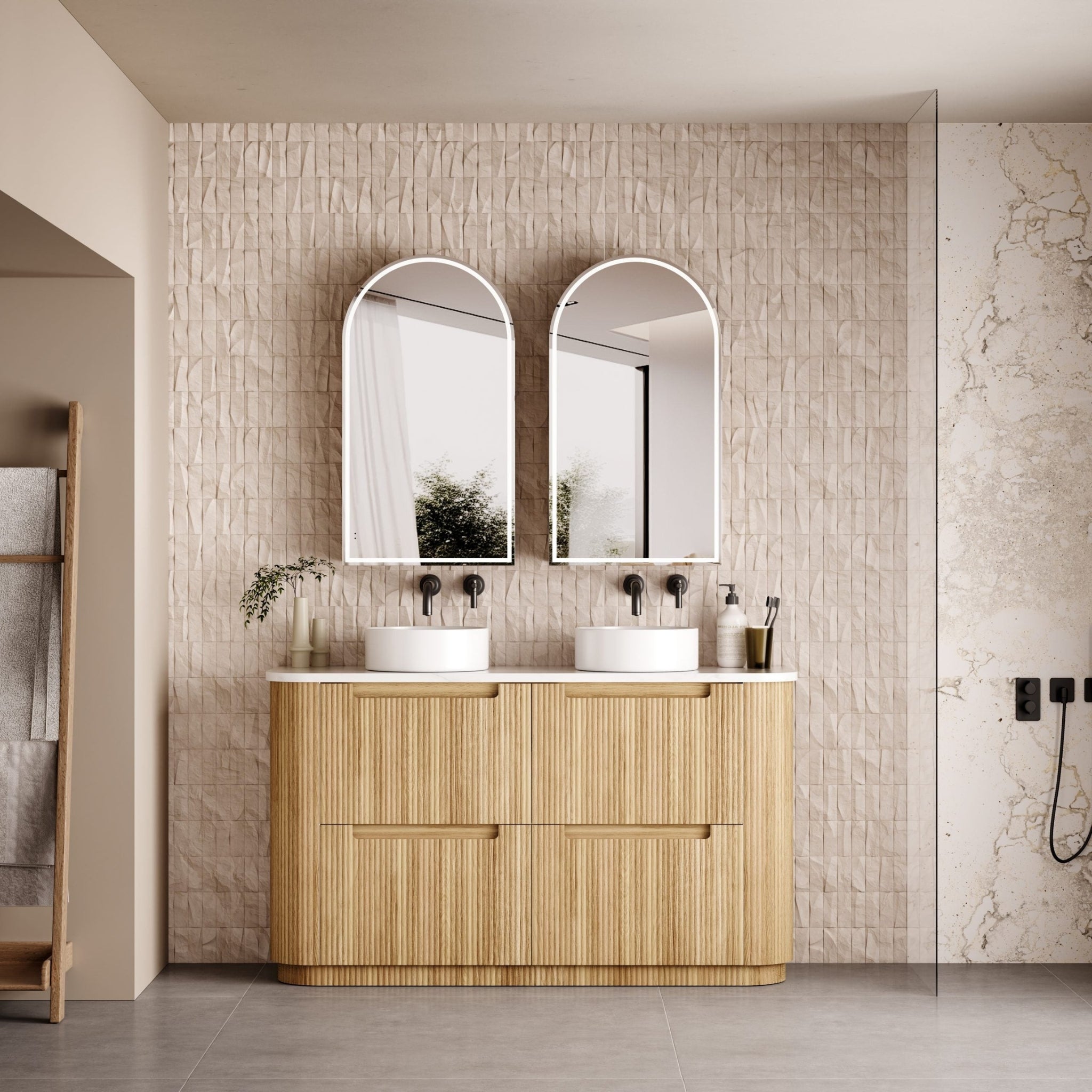AULIC VARCELLI CURVED HARVEST OAK 1500MM DOUBLE BOWL FLOOR STANDING VANITY