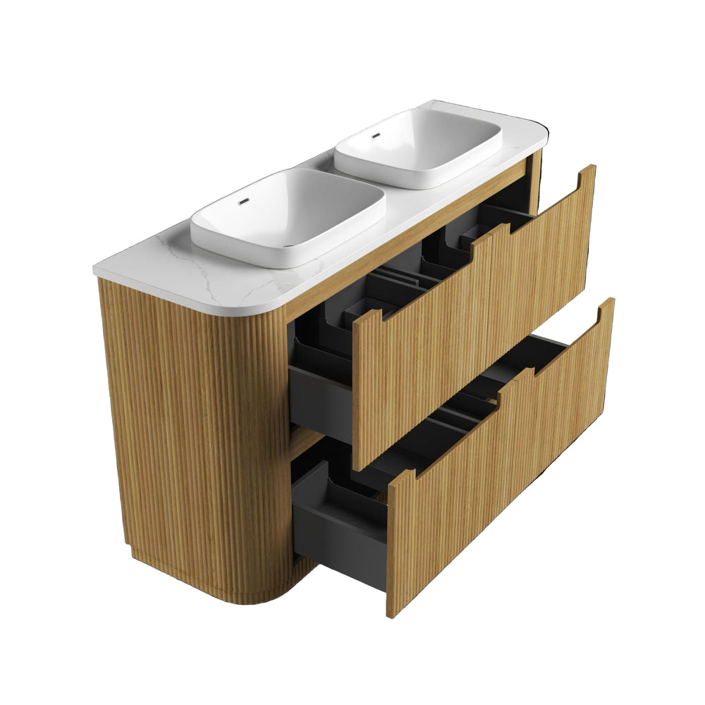 AULIC VARCELLI CURVED HARVEST OAK 1800MM DOUBLE BOWL FLOOR STANDING VANITY