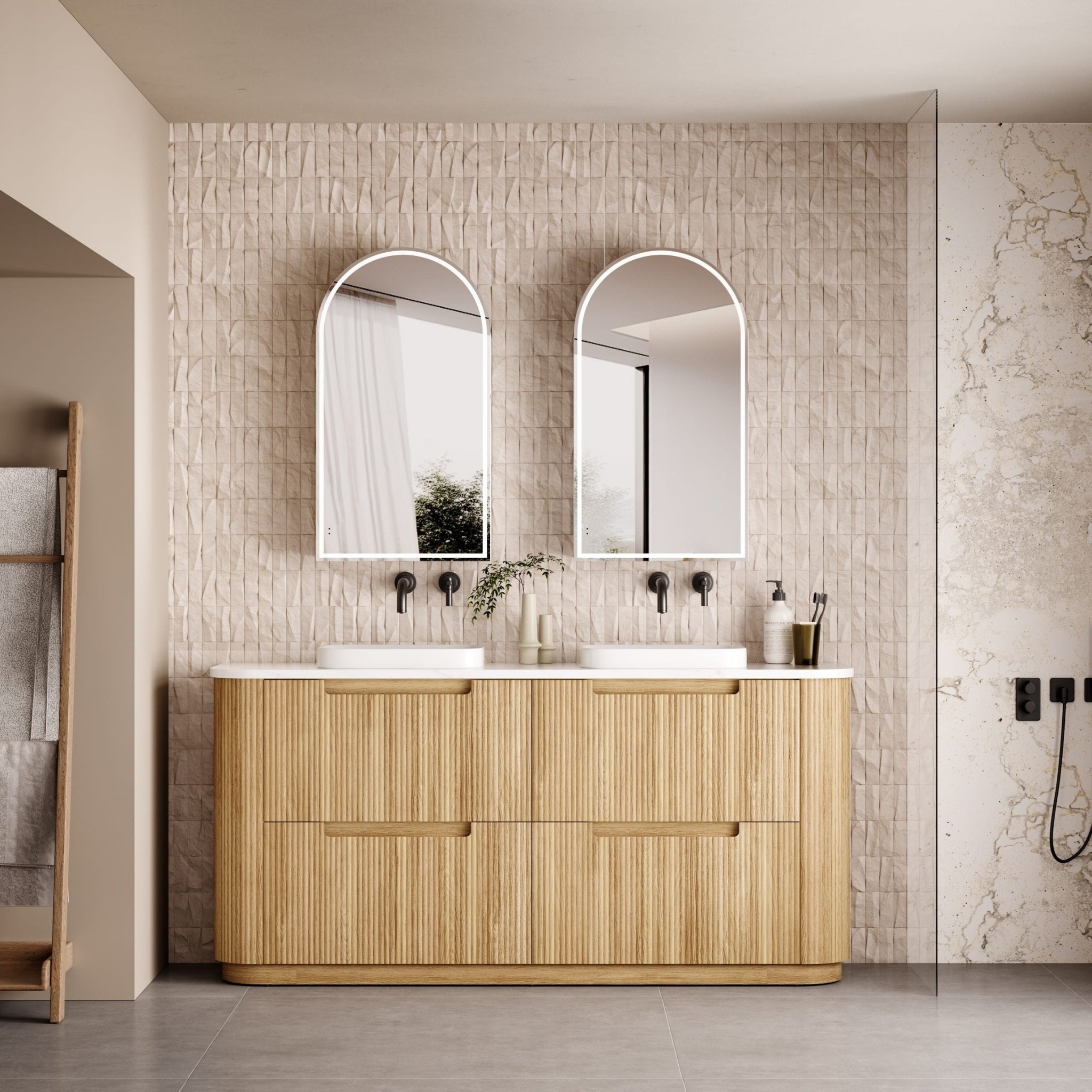 AULIC VARCELLI CURVED HARVEST OAK 1800MM DOUBLE BOWL FLOOR STANDING VANITY