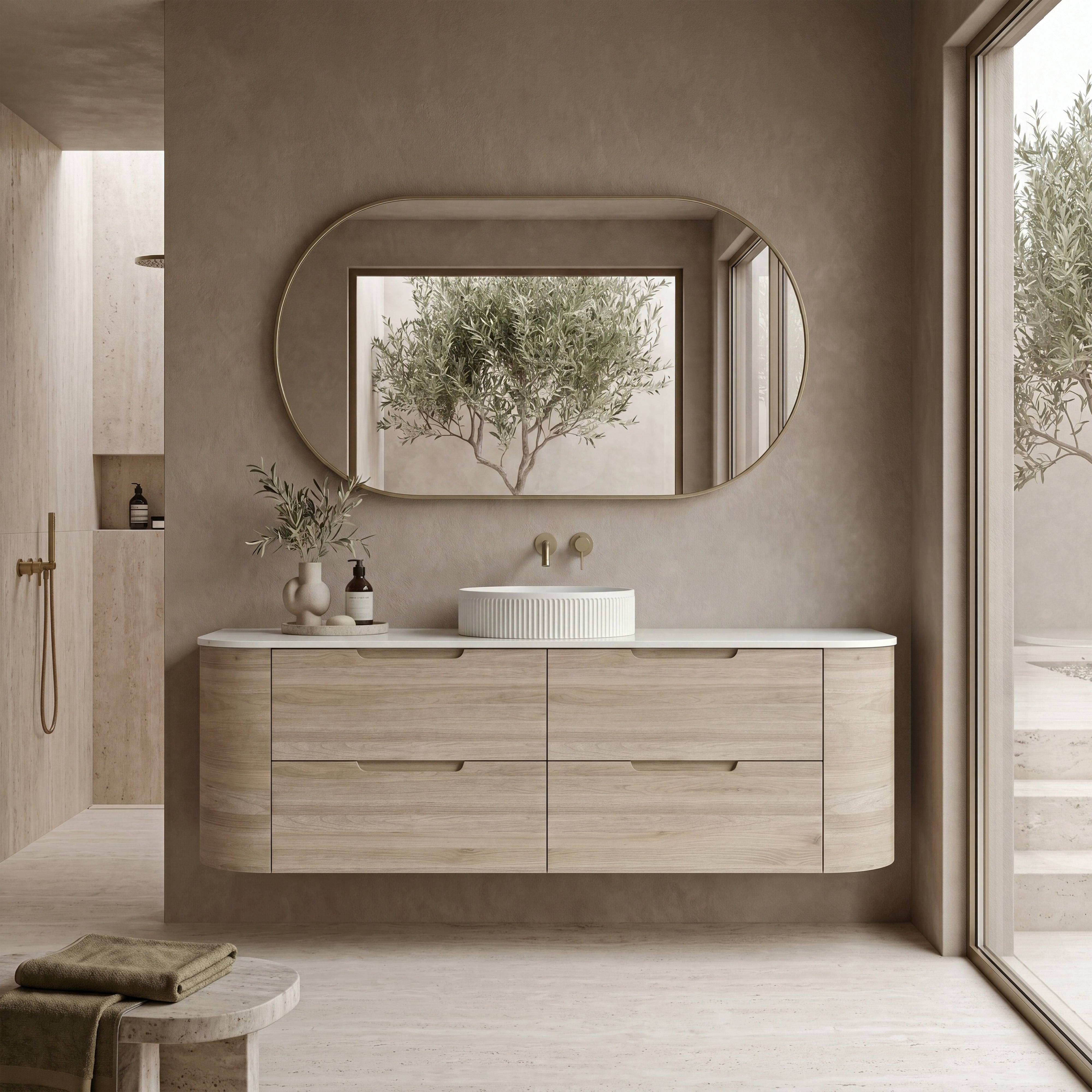 VITO CALVO CLASSIC OAK 1500MM CURVED SINGLE BOWL WALL HUNG VANITY