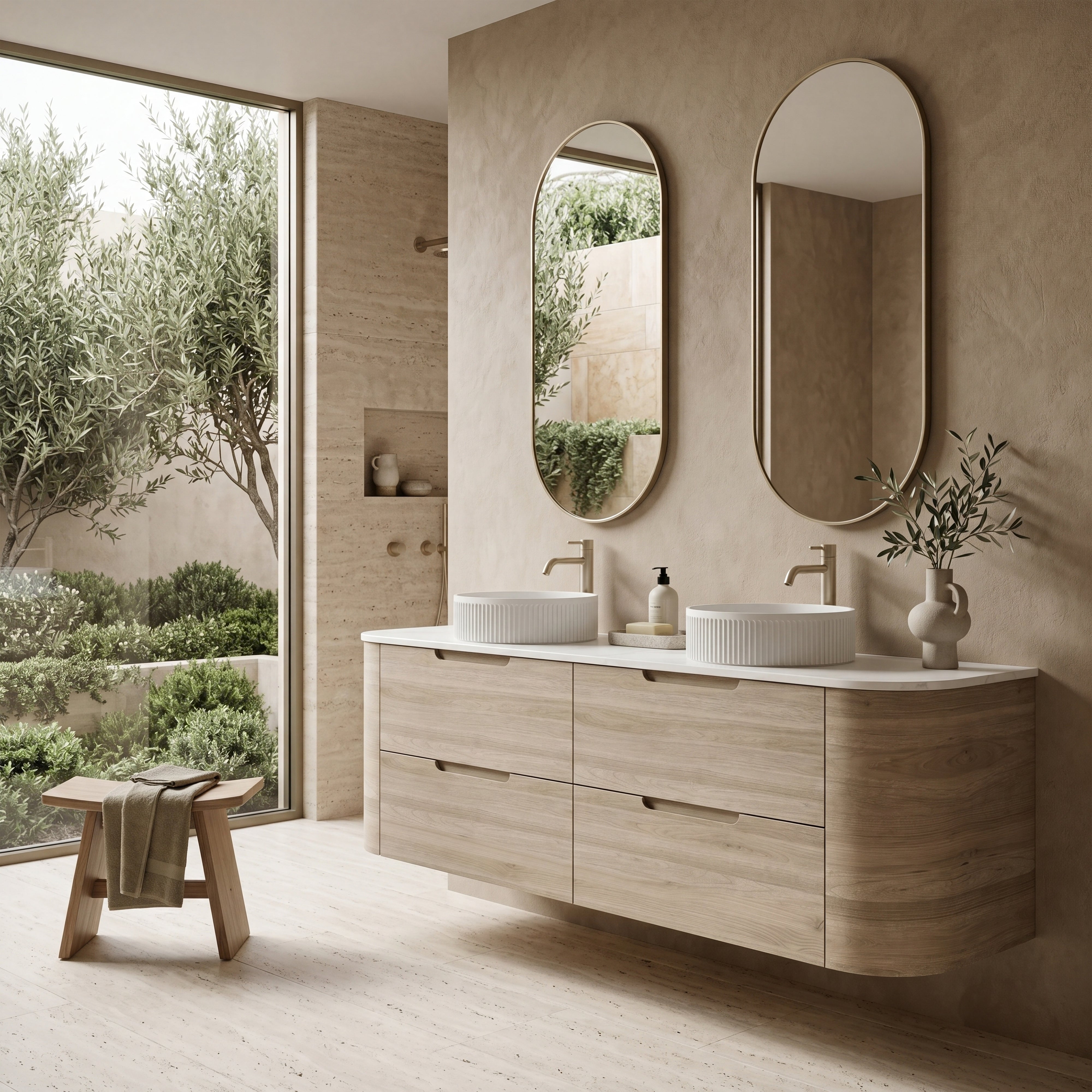 VITO CALVO CLASSIC OAK 1500MM CURVED DOUBLE BOWL WALL HUNG VANITY