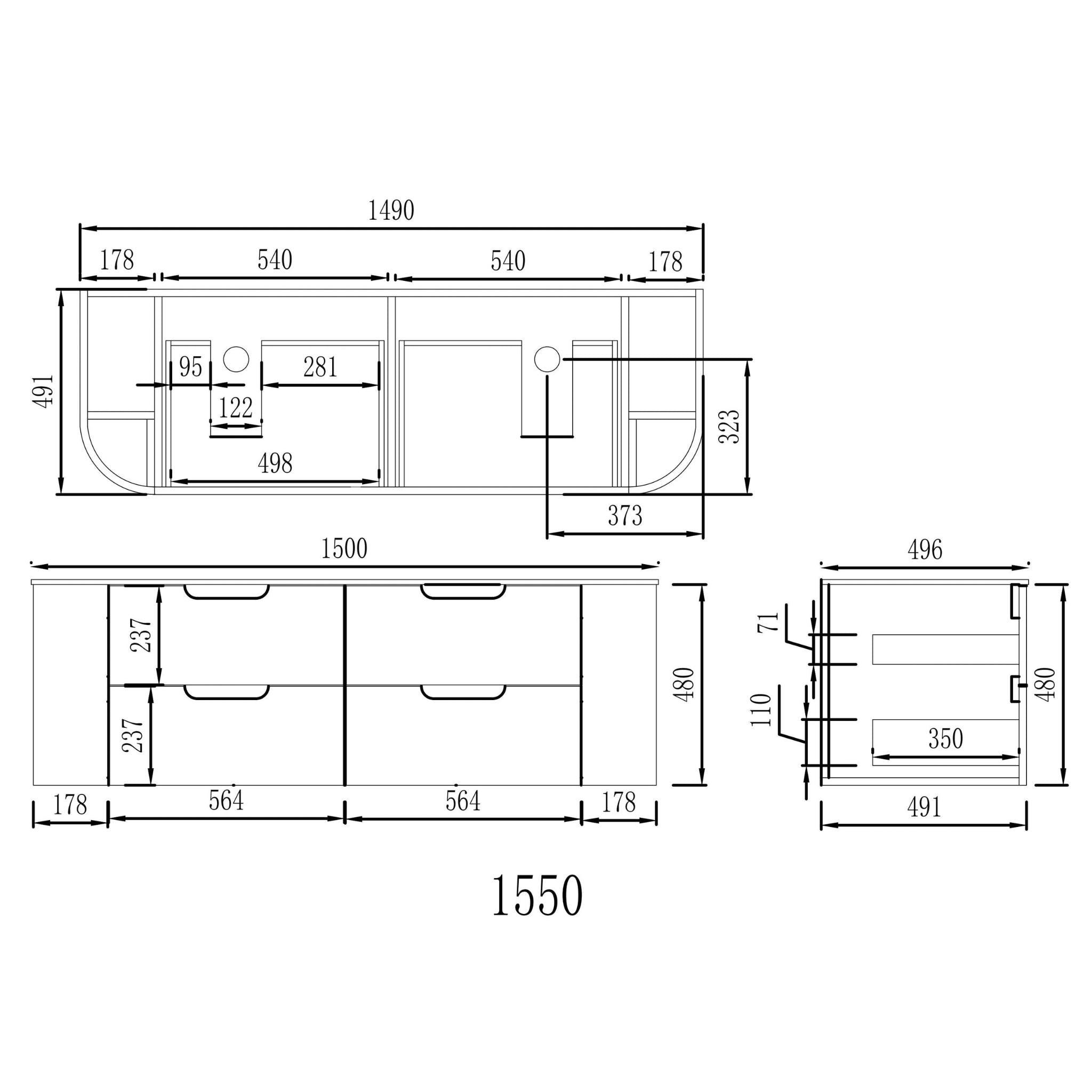 VITO CALVO CLASSIC OAK 1500MM CURVED DOUBLE BOWL WALL HUNG VANITY