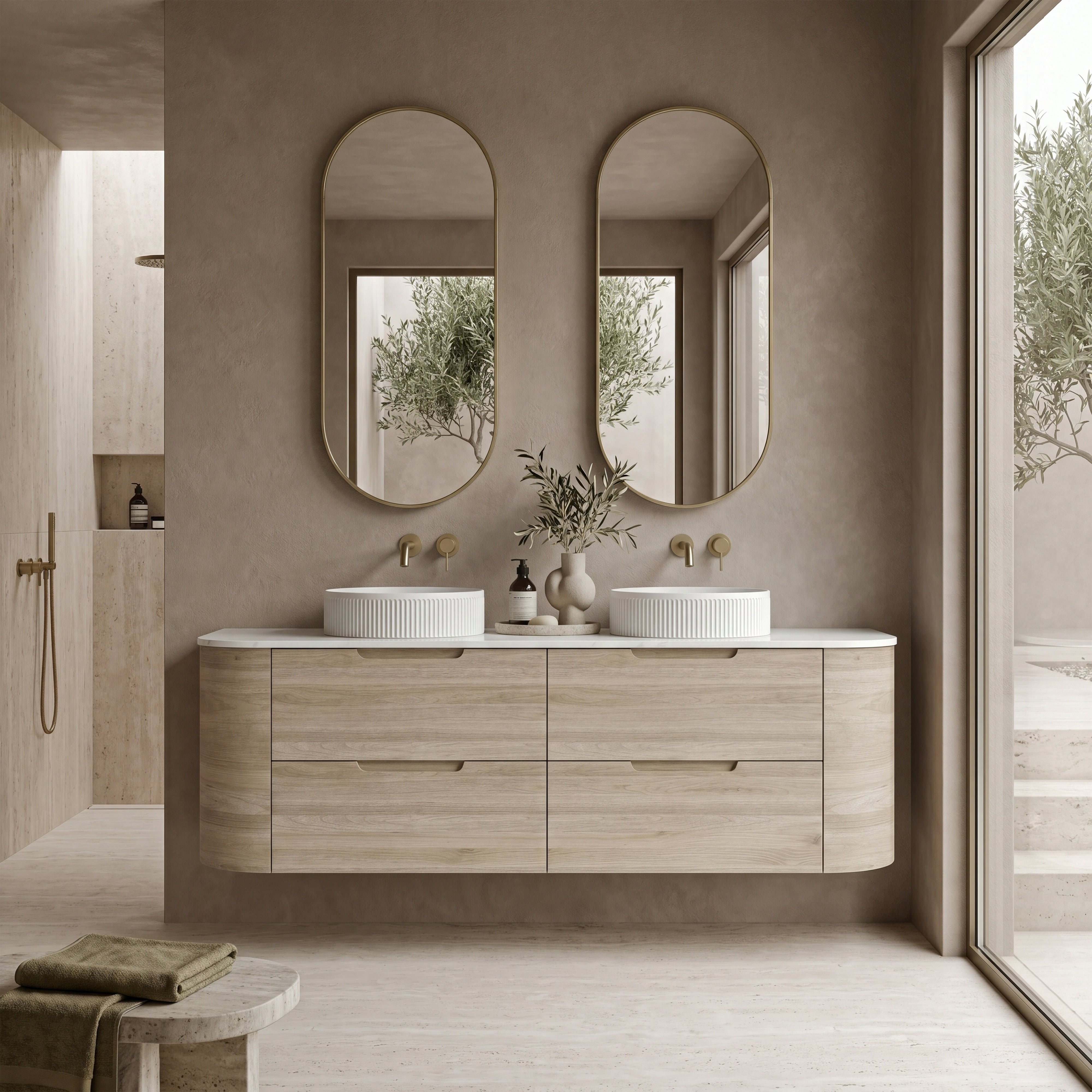 VITO CALVO CLASSIC OAK 1500MM CURVED DOUBLE BOWL WALL HUNG VANITY