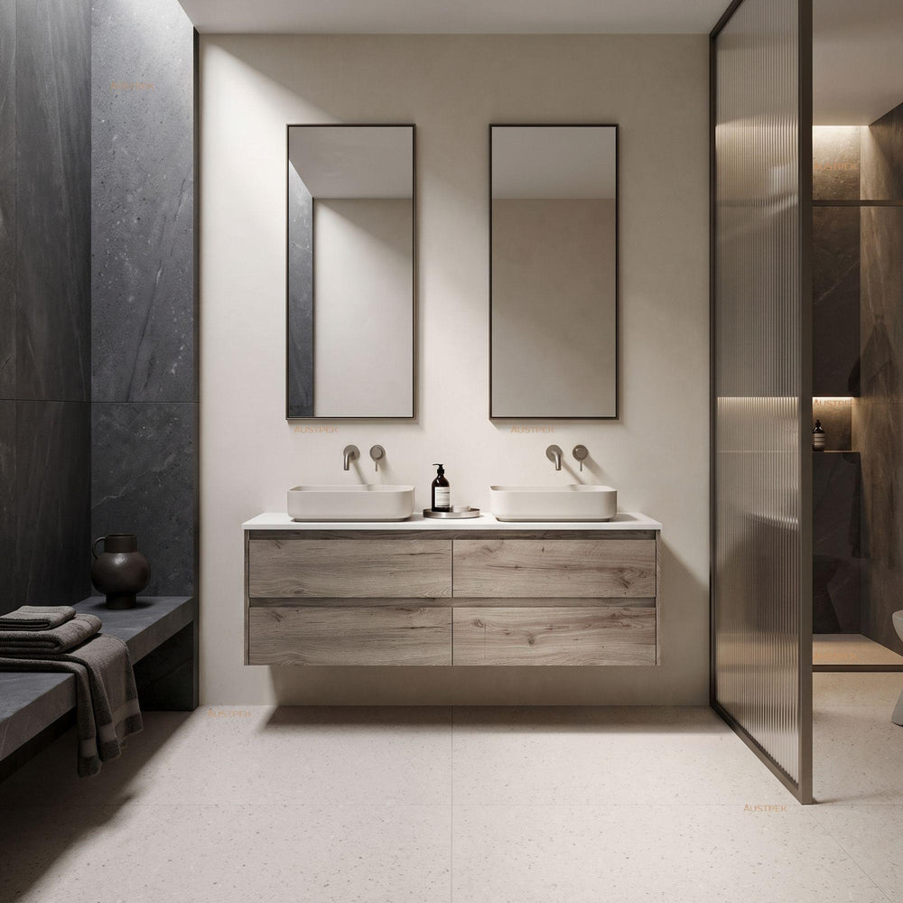 AULIC MAX WHITE OAK 1500MM DOUBLE BOWL WALL HUNG VANITY