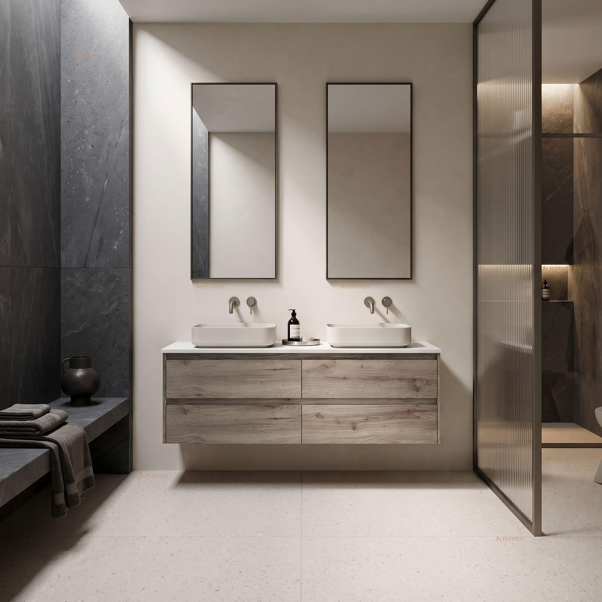AULIC MAX WHITE OAK 1500MM DOUBLE BOWL WALL HUNG VANITY