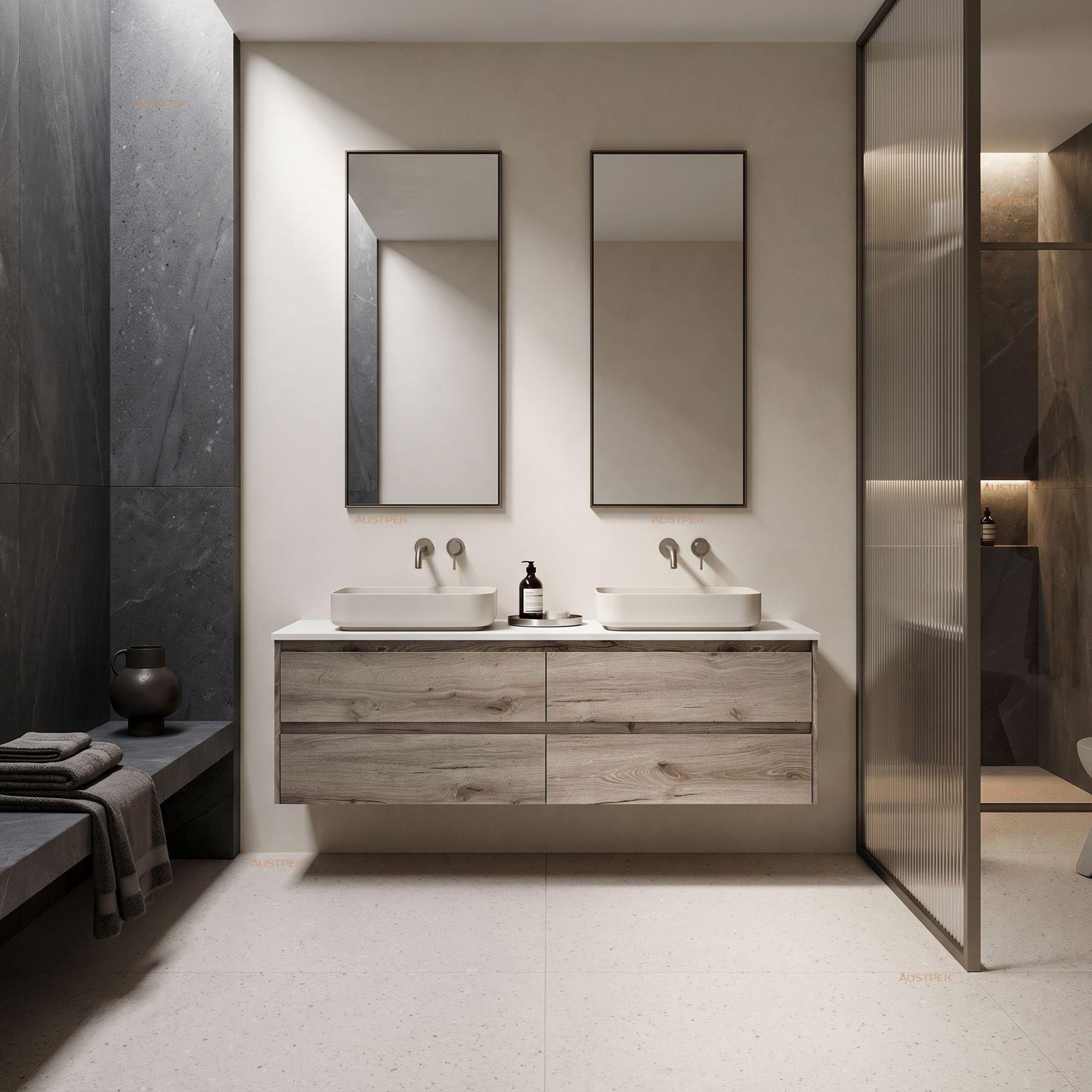 AULIC MAX WHITE OAK 1800MM DOUBLE BOWL WALL HUNG VANITY
