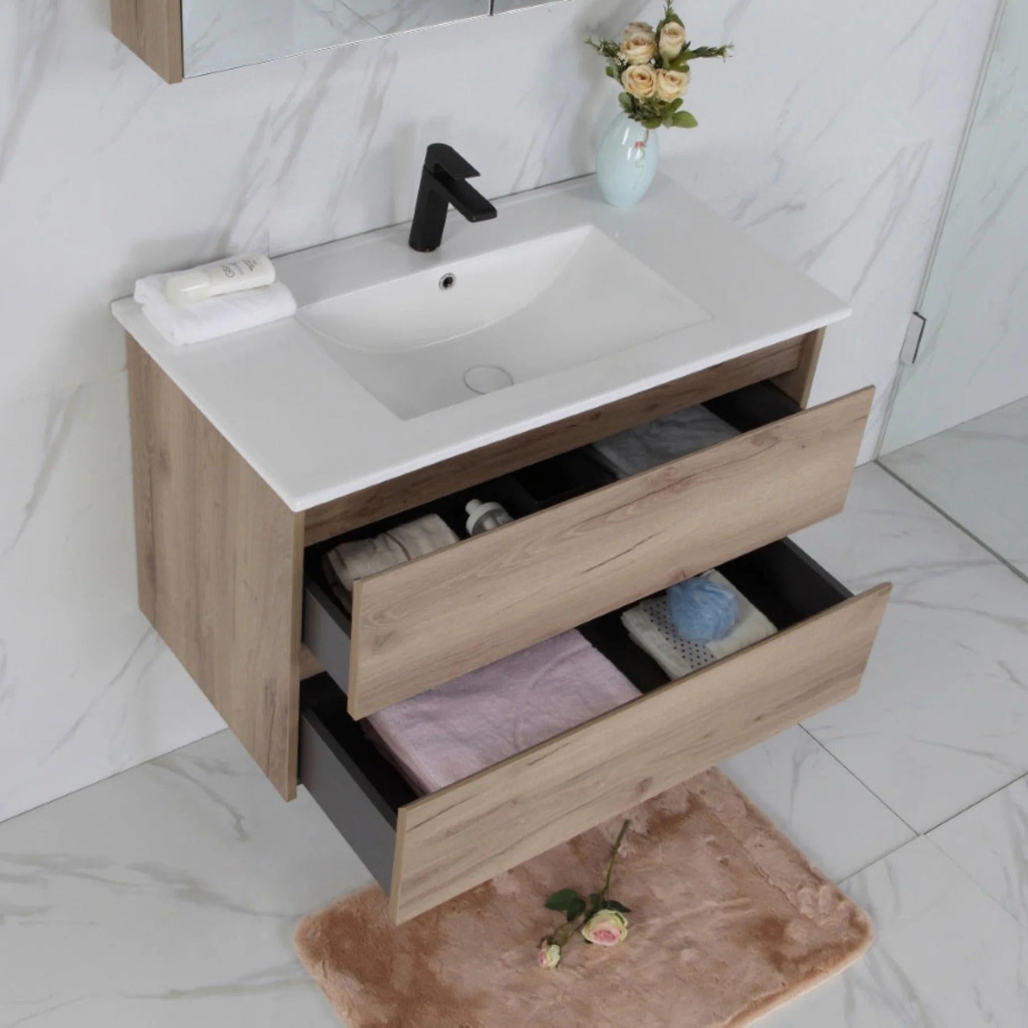 AULIC MAX WHITE OAK 900MM SINGLE BOWL WALL HUNG VANITY