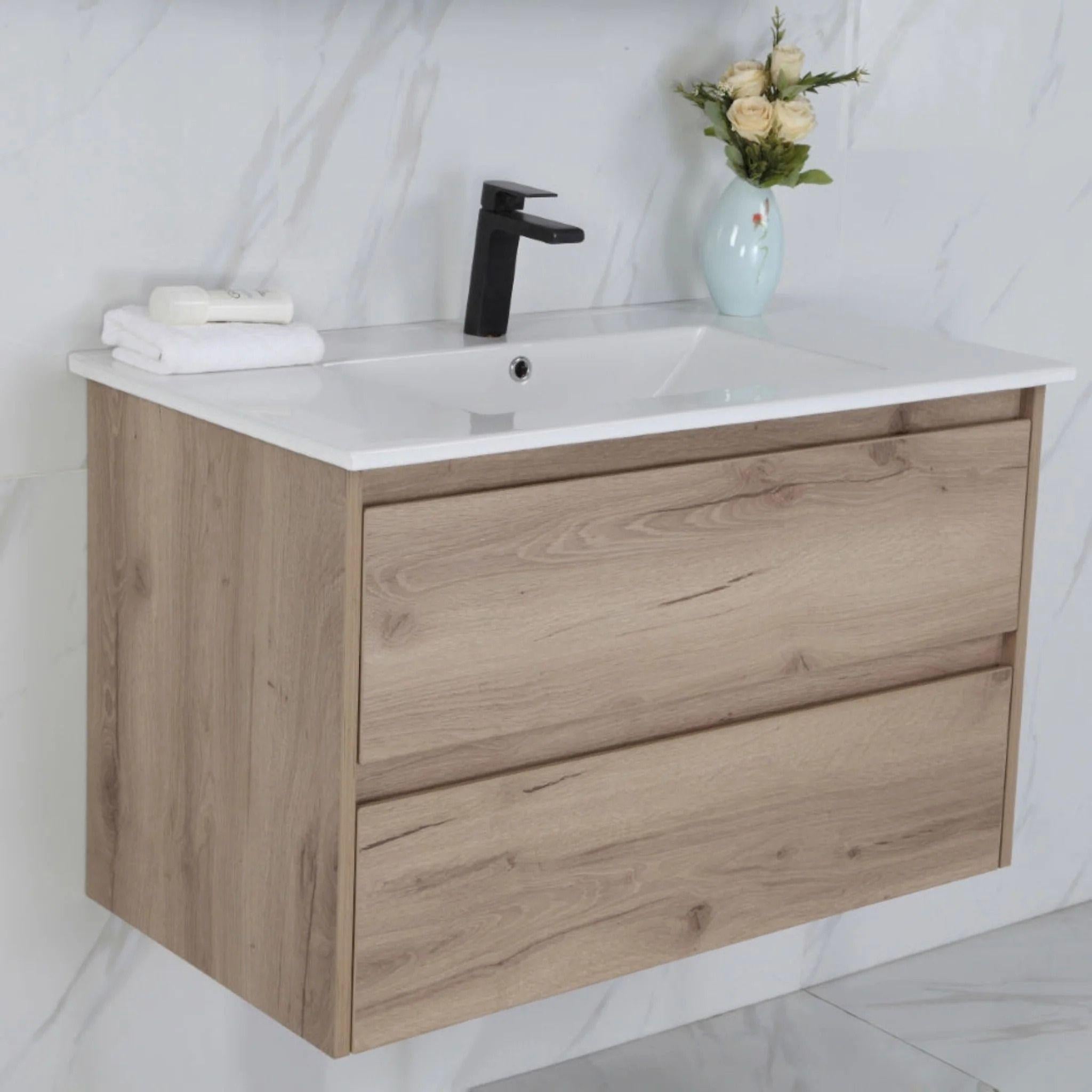 AULIC MAX WHITE OAK 900MM SINGLE BOWL WALL HUNG VANITY