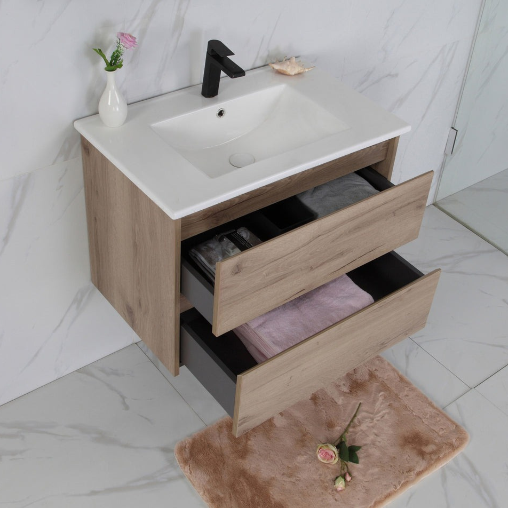 AULIC MAX WHITE OAK 750MM SINGLE BOWL WALL HUNG VANITY