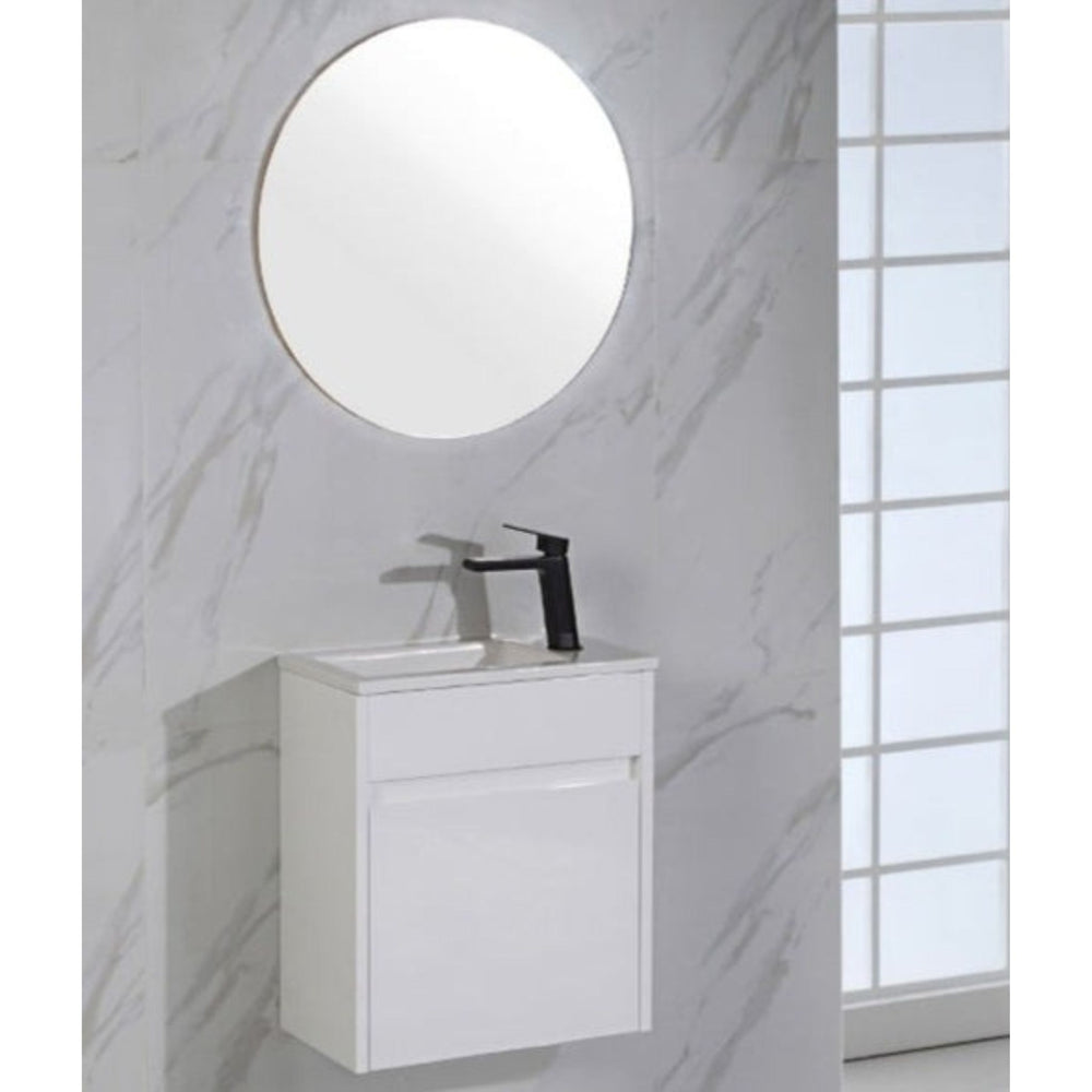 AULIC BRANT GLOSS WHITE 450MM SPACE SAVING SINGLE BOWL WALL HUNG VANITY